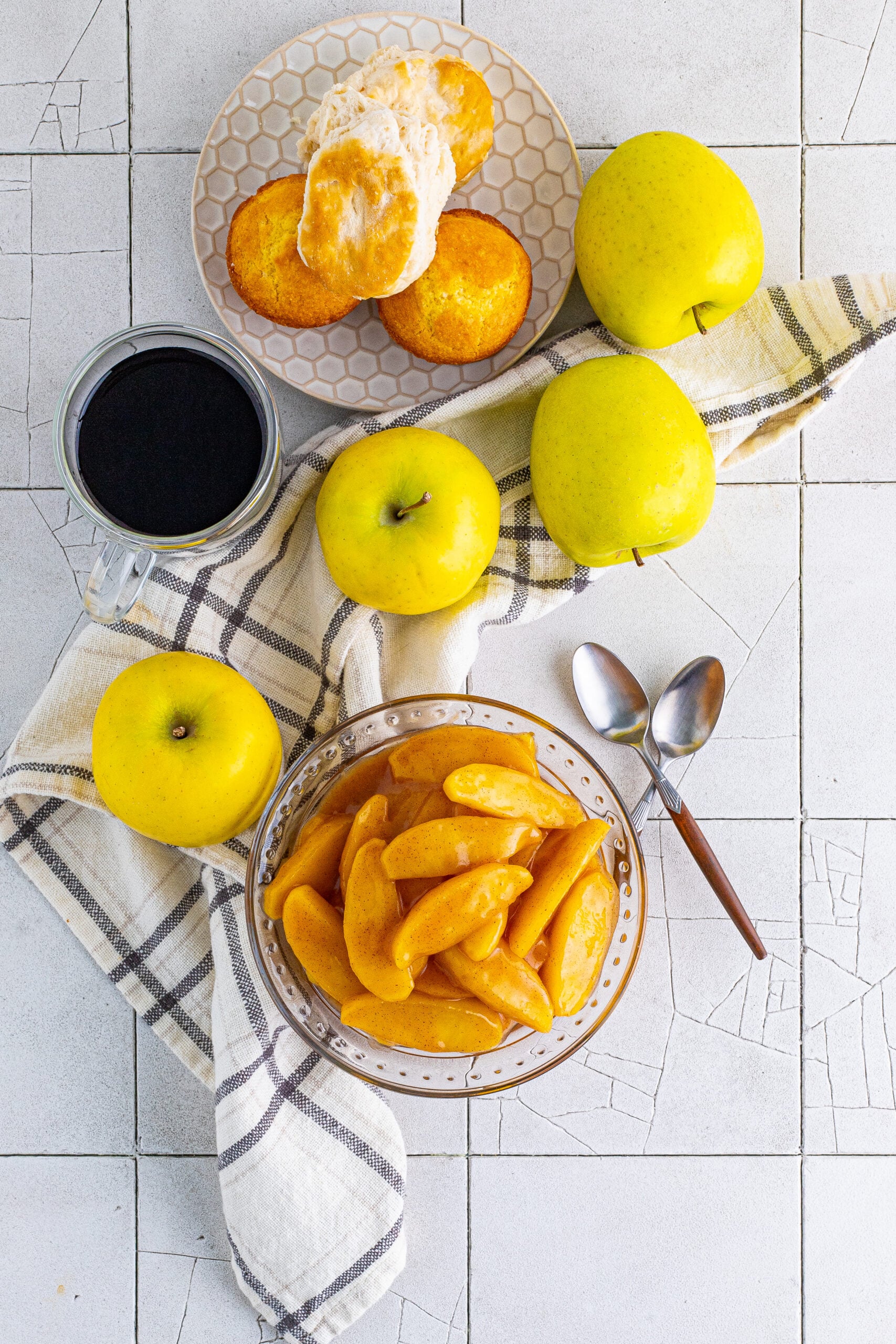 Overhead view of Cracker Barrel Fried Apples in a clear glass bowl.