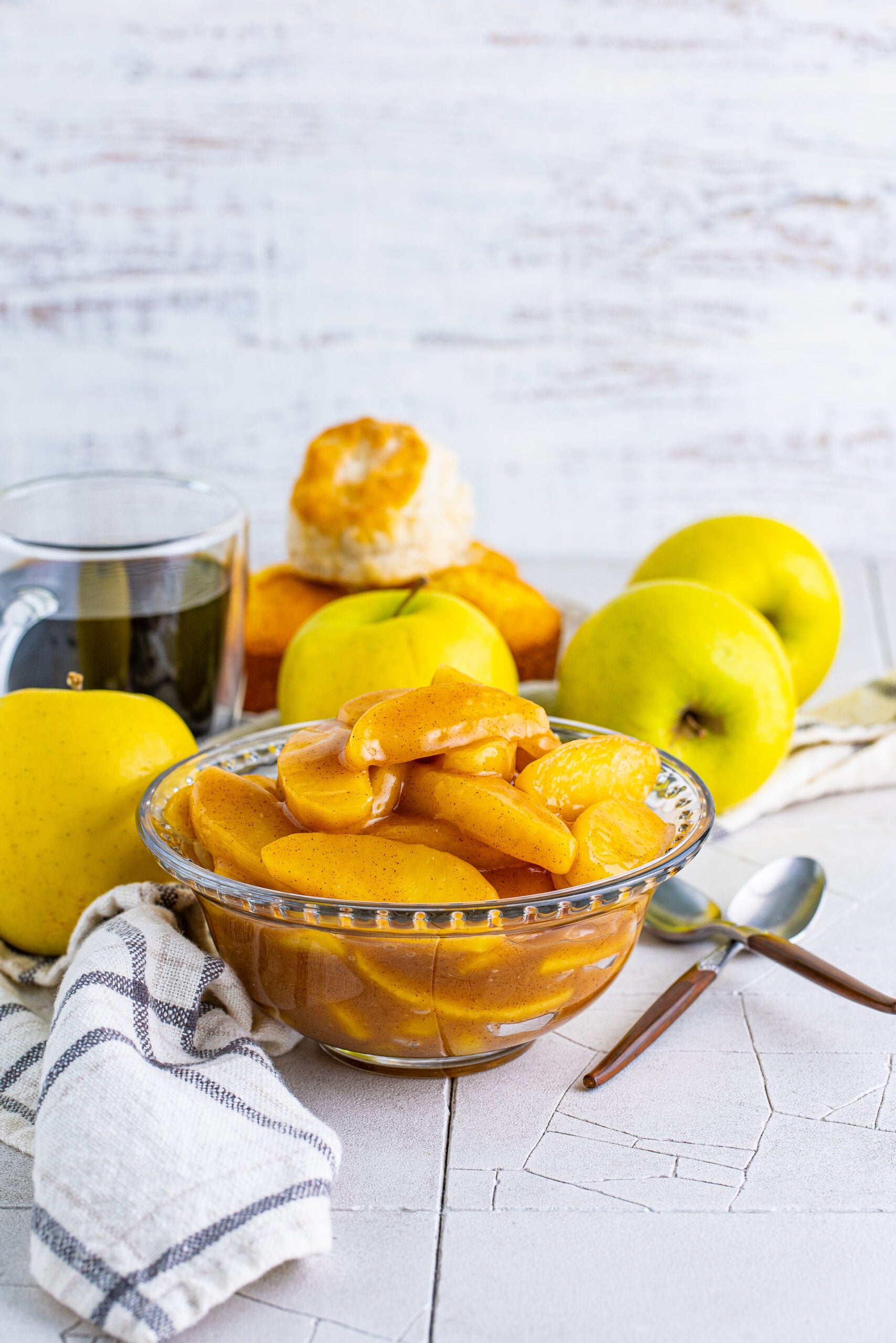 Front view of Cracker Barrel Fried Apples in a clear glass bowl.