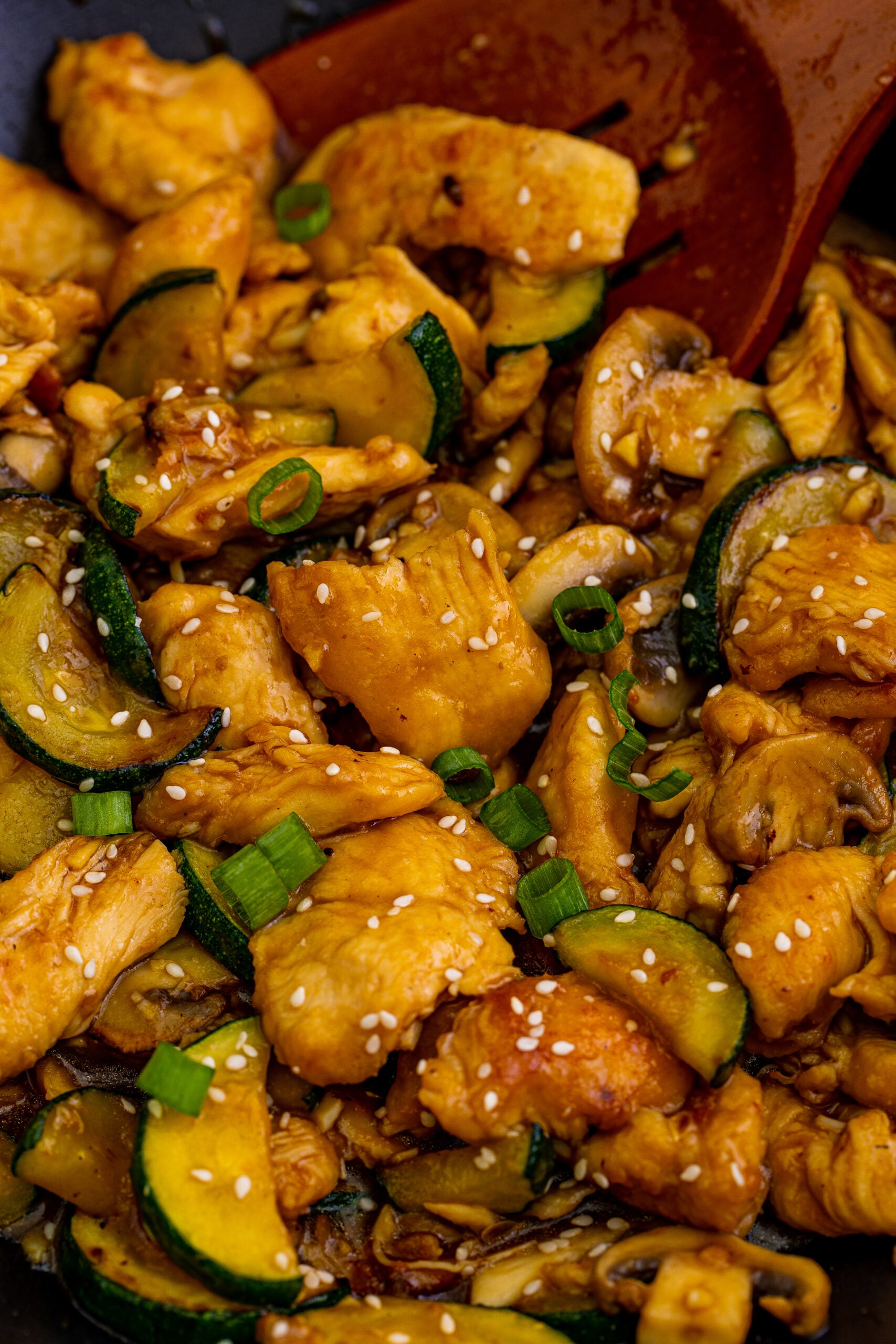 Close up view of Panda Express Mushroom Chicken.