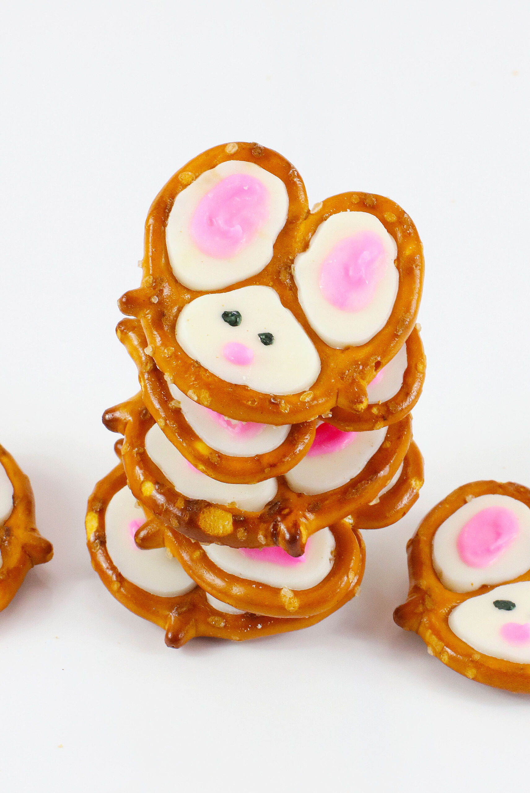 Overhead view five Bunny Pretzels stacked.