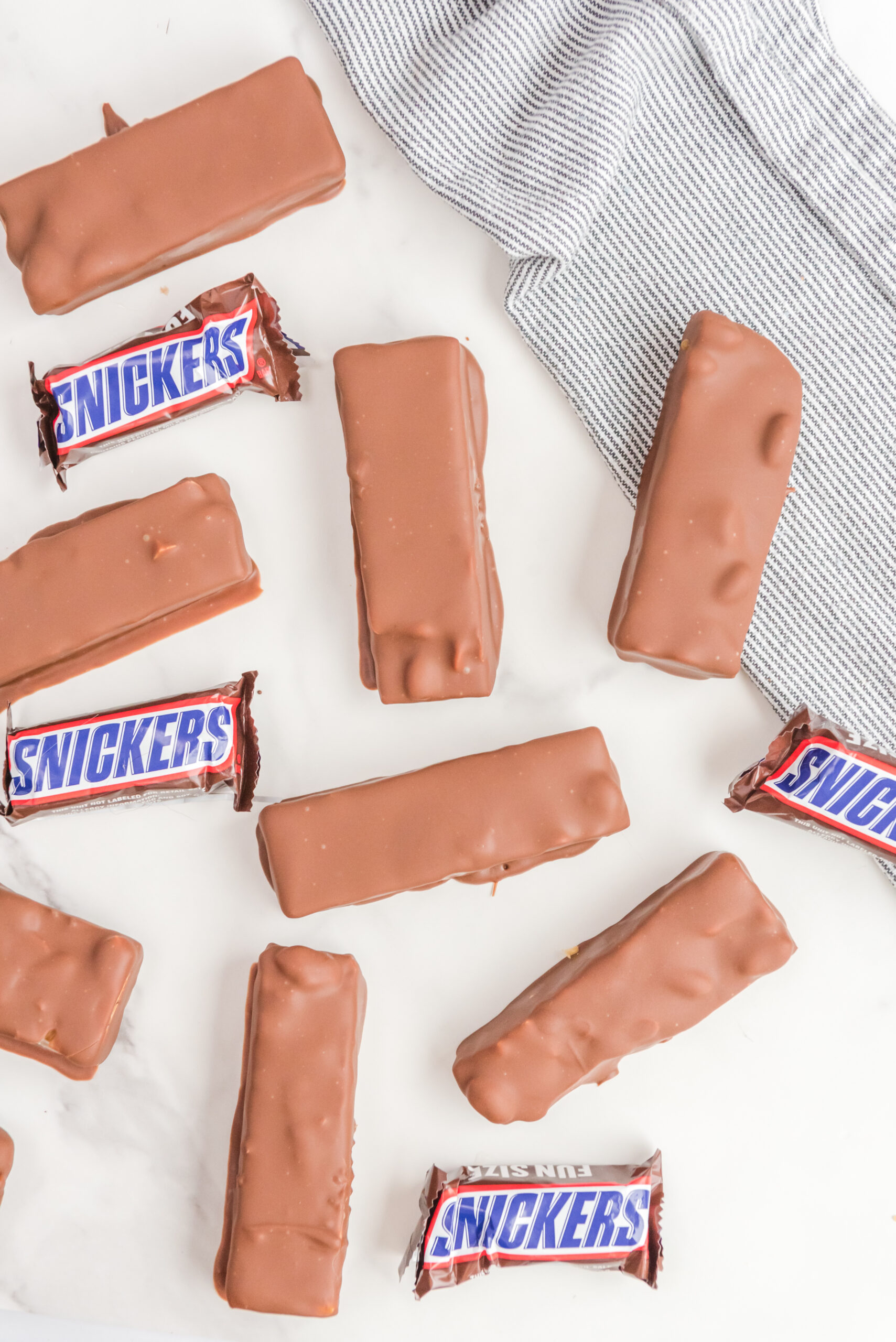 Overhead view of Homemade Snickers Bars.