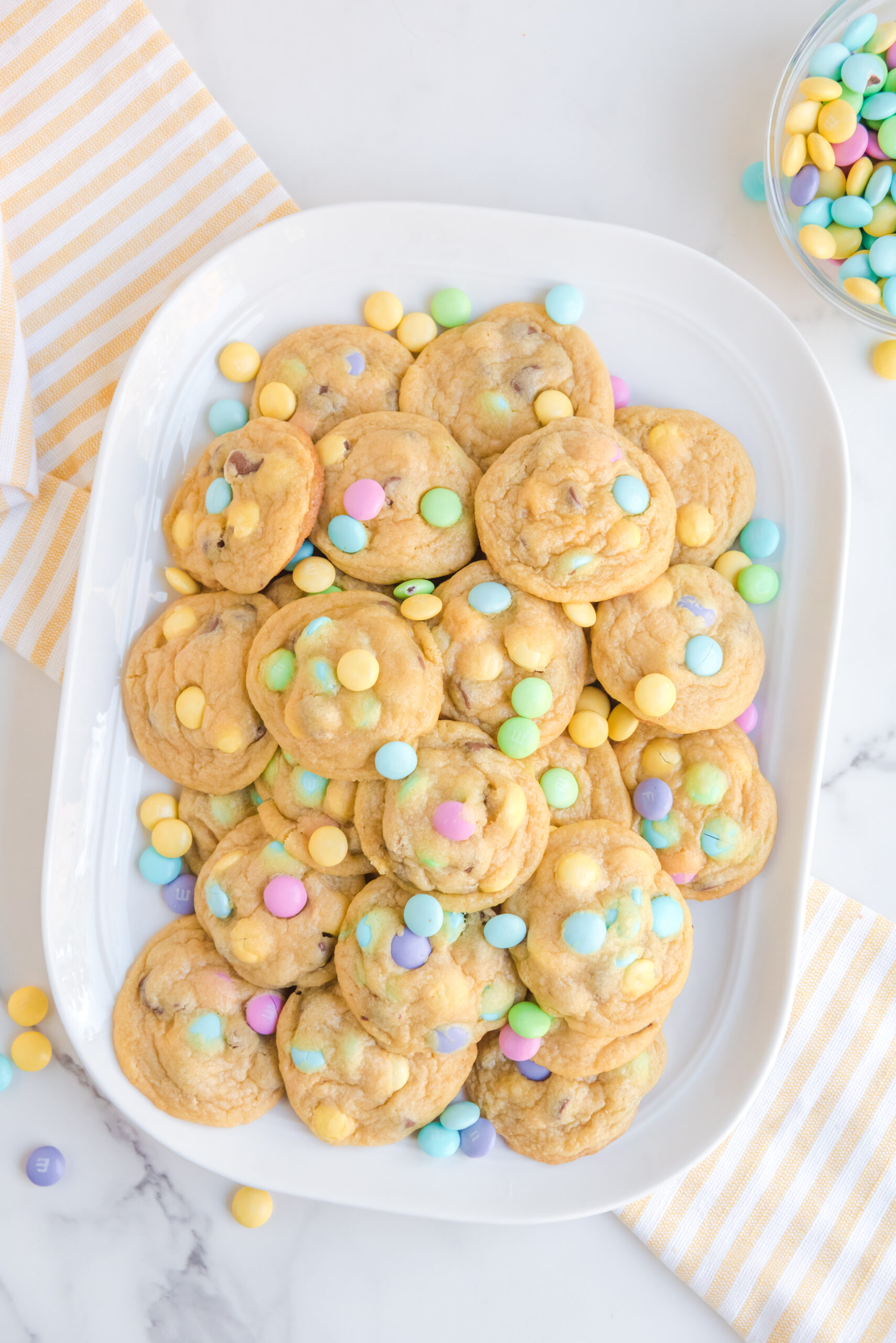 Overhead view of Easter Pudding Cookies on a white serving dish.