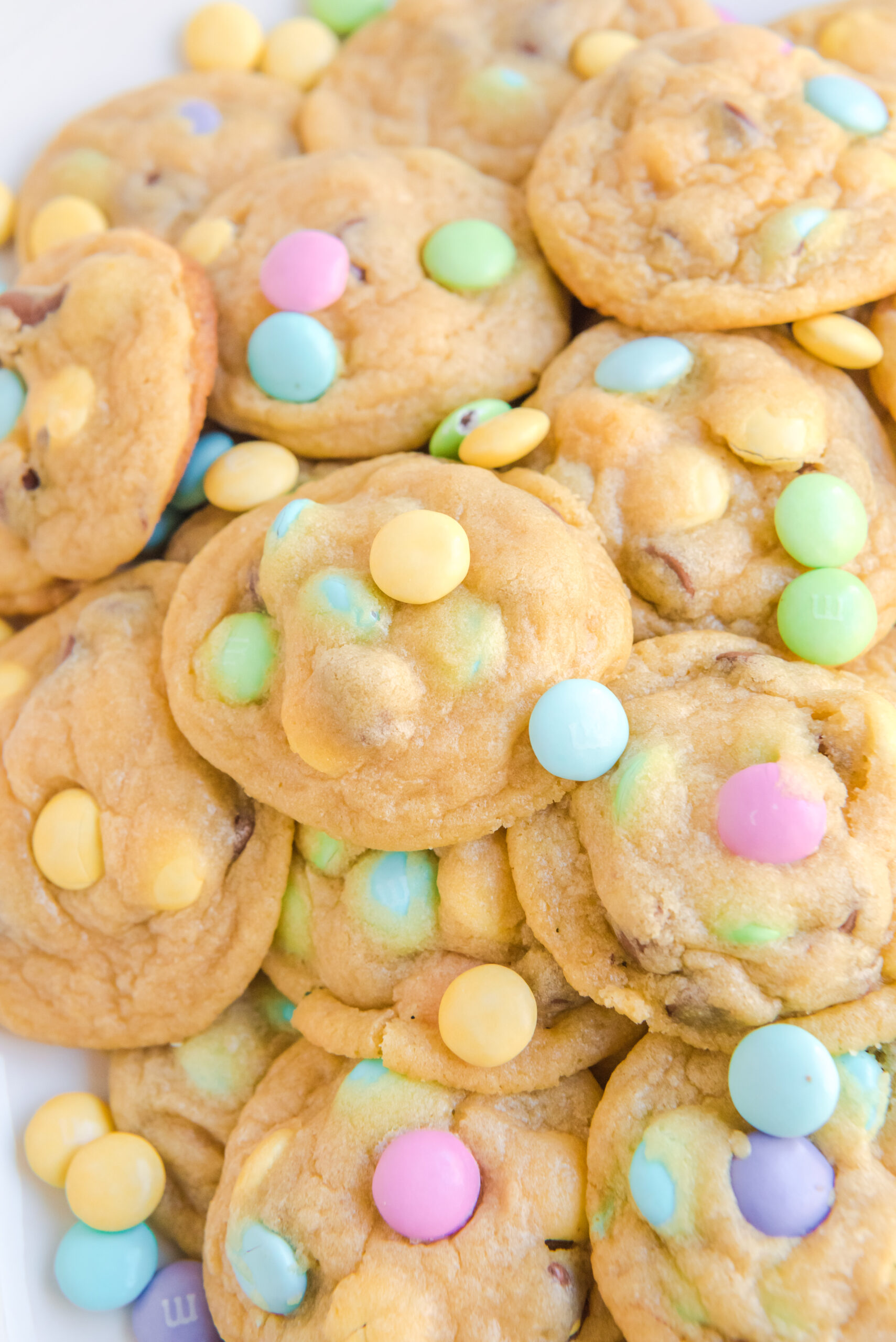 Close up view of a stack of Easter Pudding Cookies.