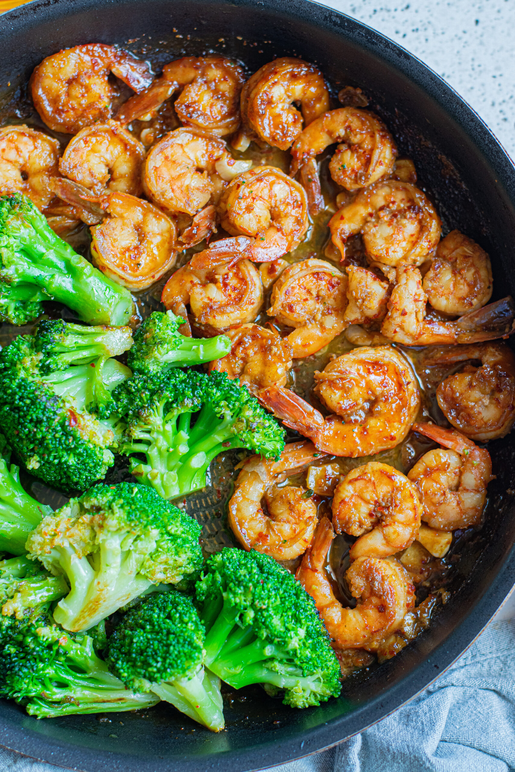 Overhead view of shrimp and broccoli skillet.