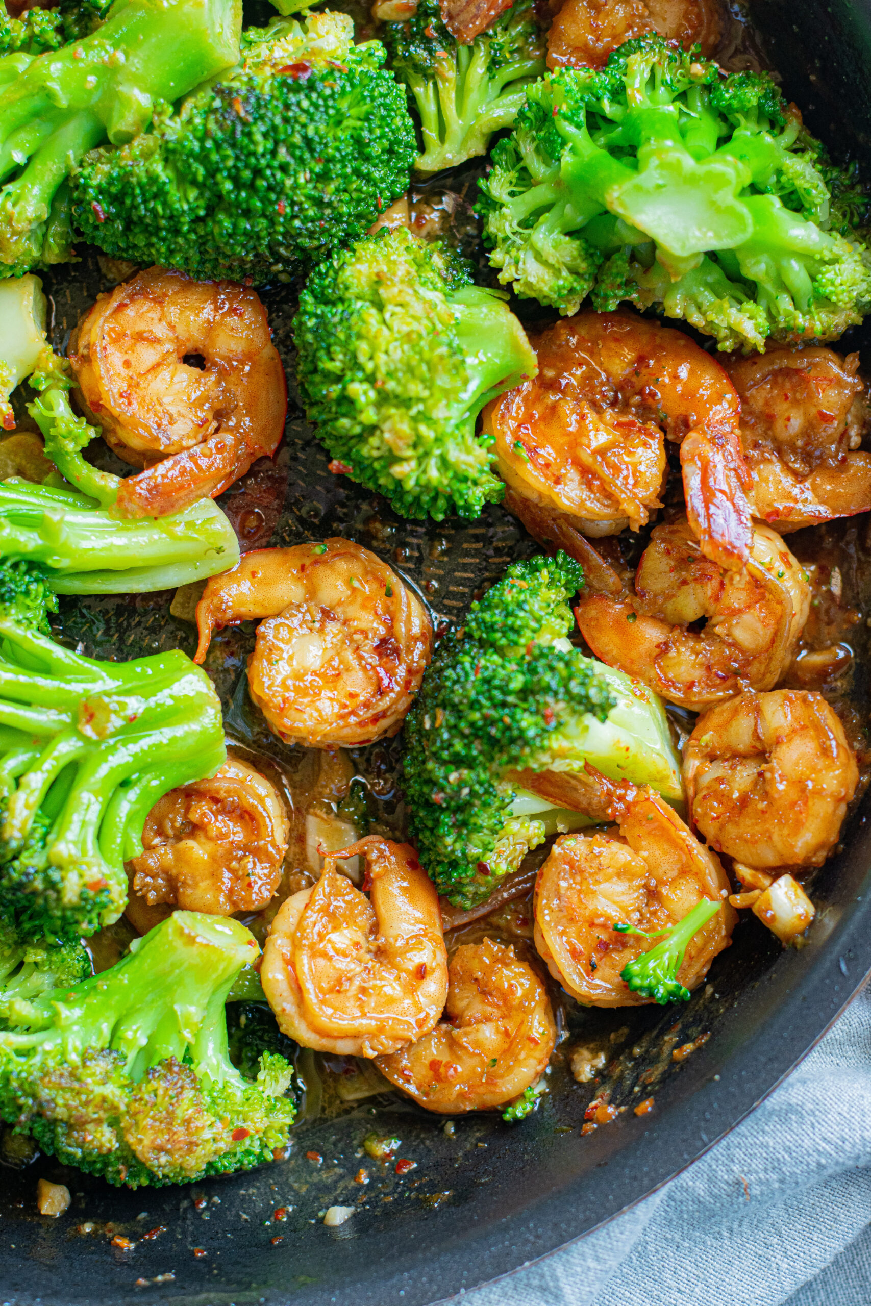 Overhead view of shrimp and broccoli skillet.