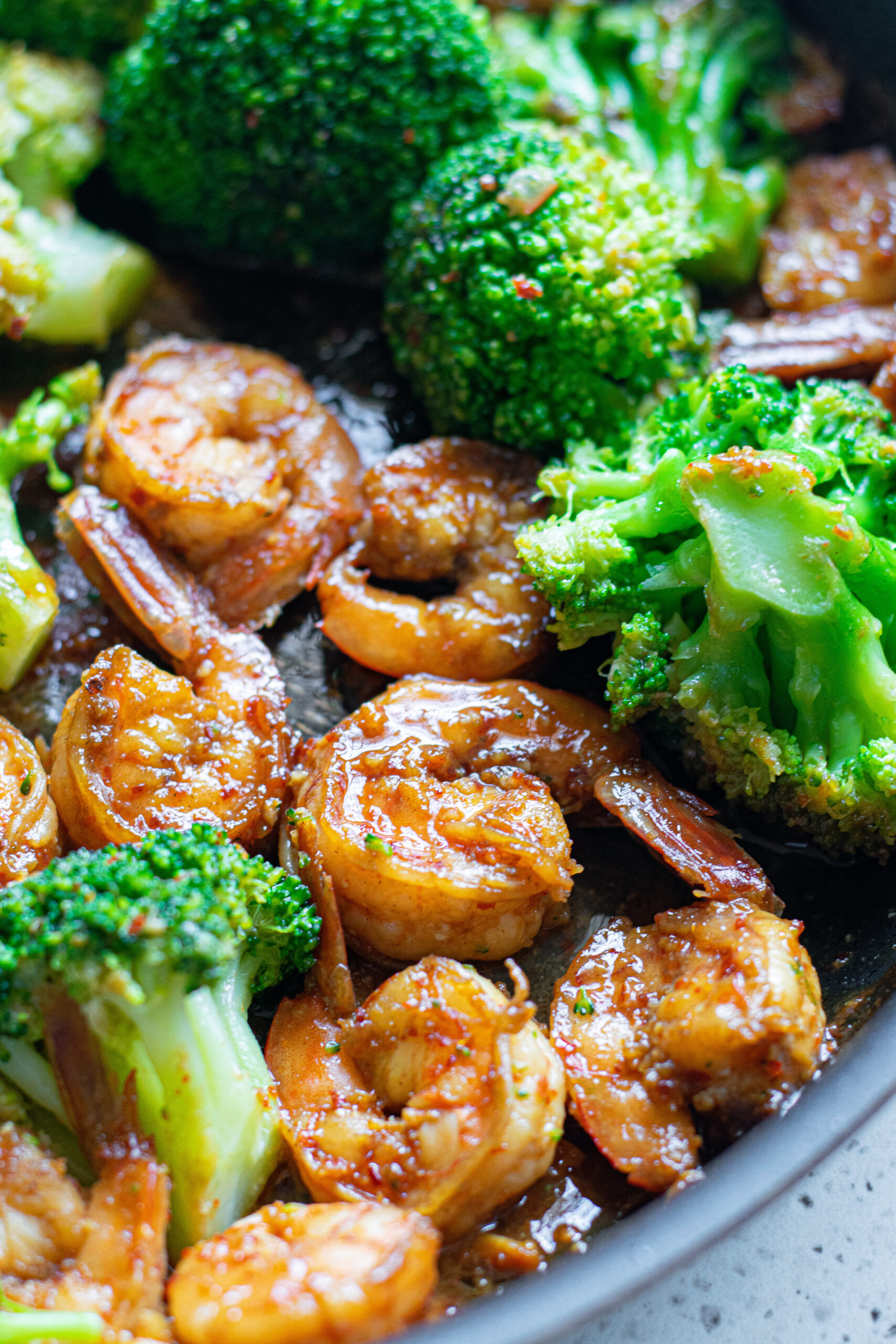 Overhead view of shrimp and broccoli skillet.