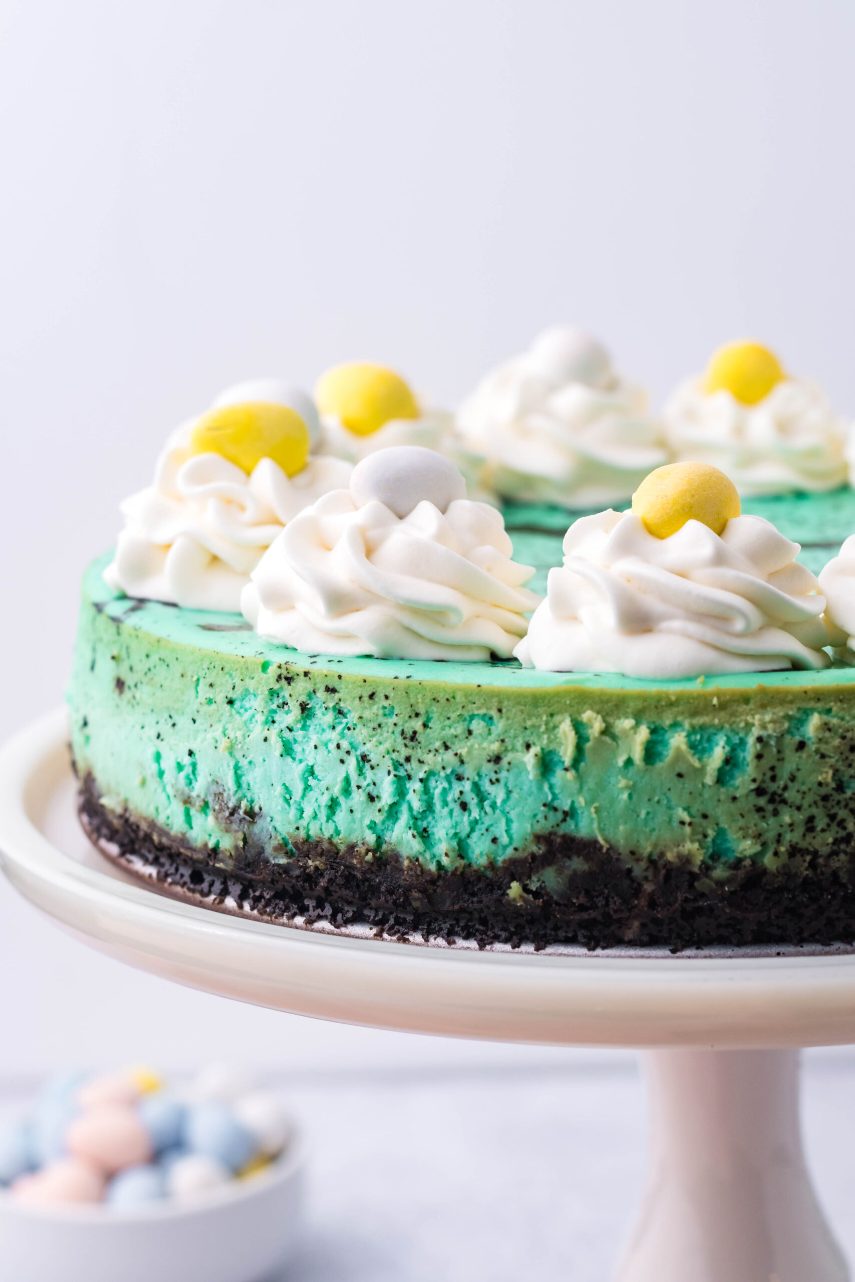 Front view of Speckled Egg Cheesecake on a white cake stand.