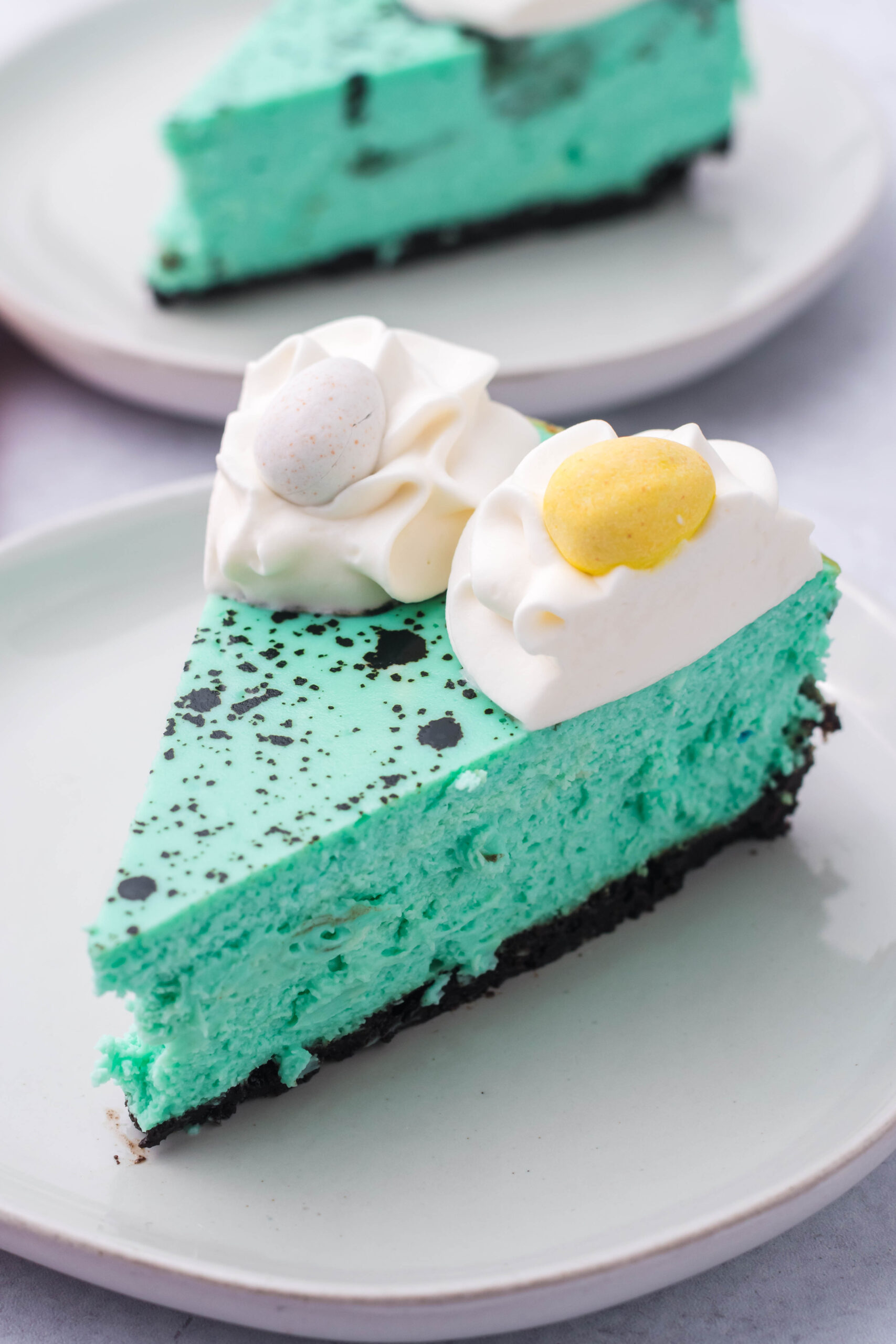 Side view of a slice of Speckled Egg Cheesecake on a white plate.