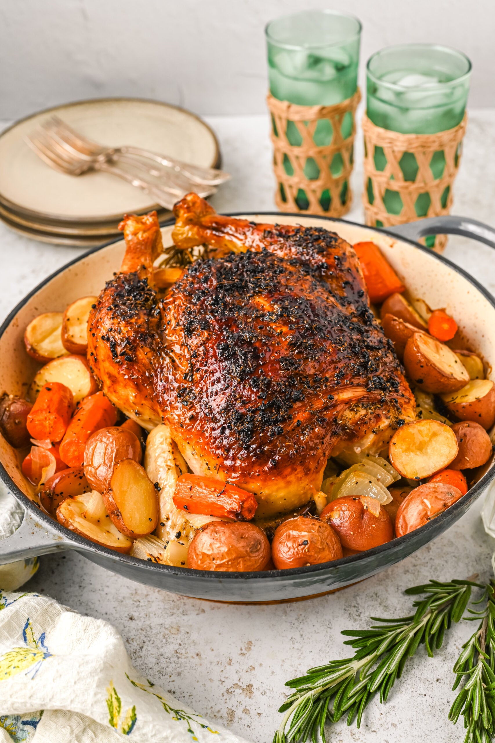Front view of Oven Baked Chicken and Vegetables in a baking dish.