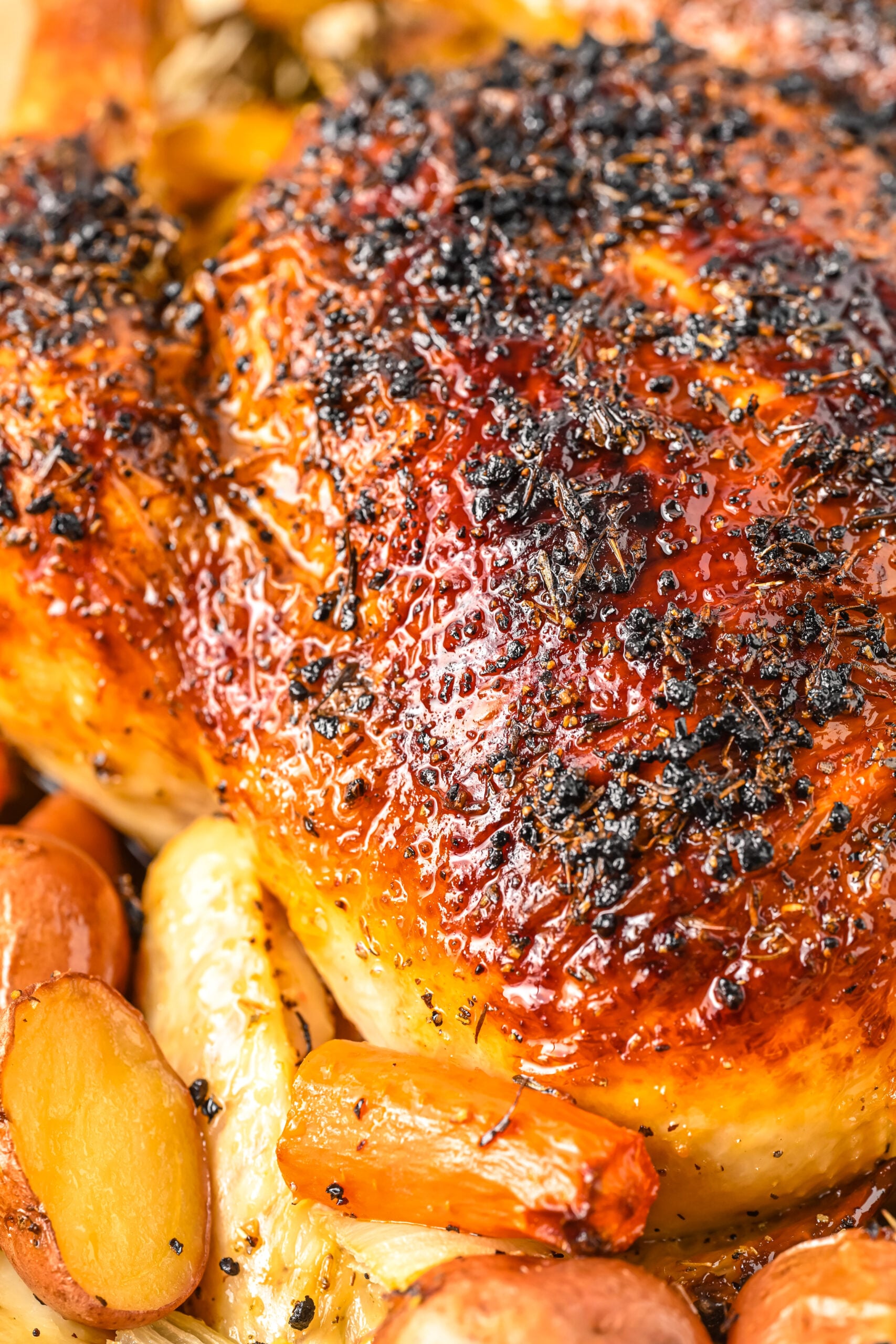Close up view of Oven Baked Chicken and Vegetables.