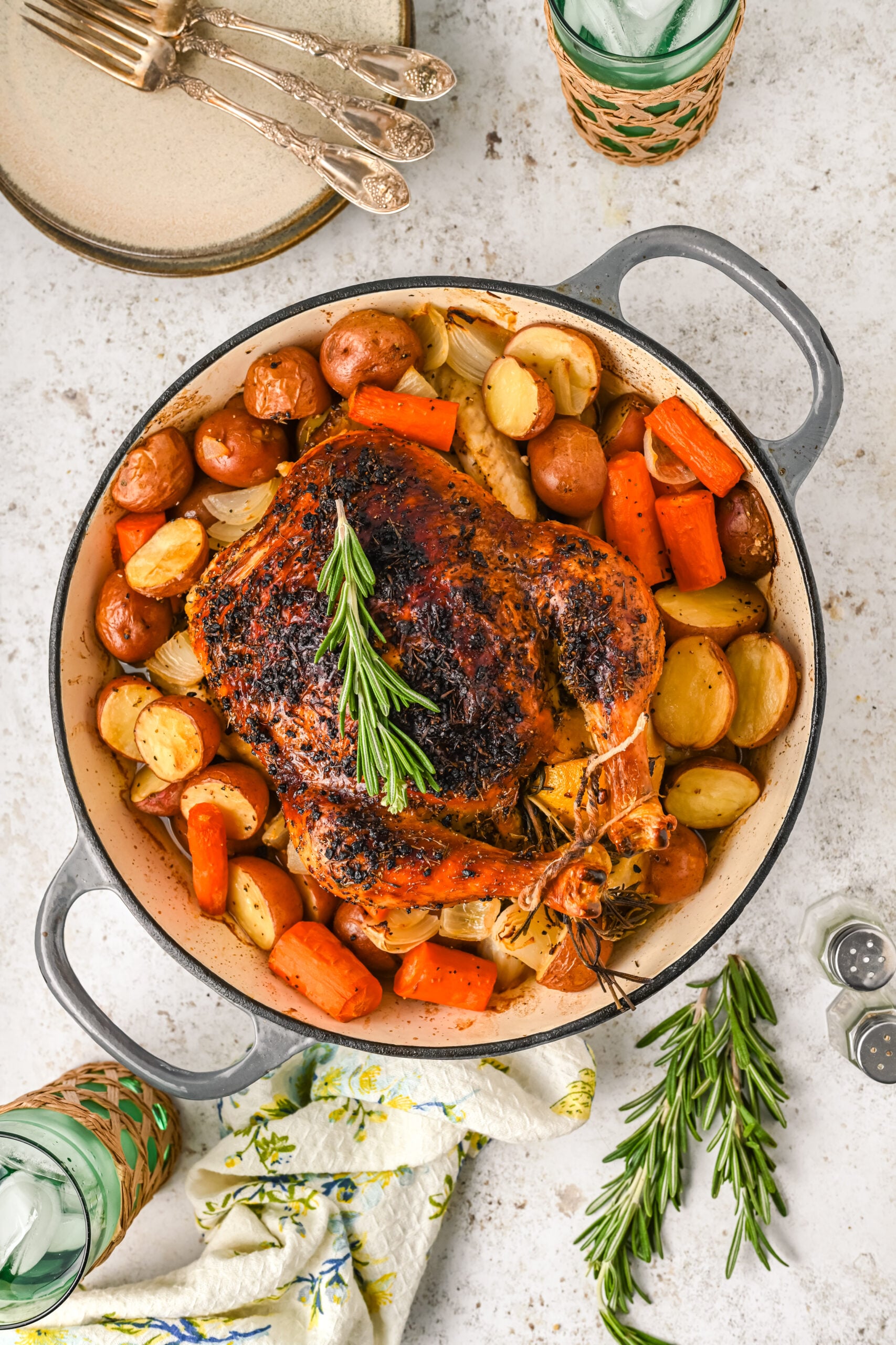 Overhead view of Oven Baked Chicken and Vegetables in a baking dish.
