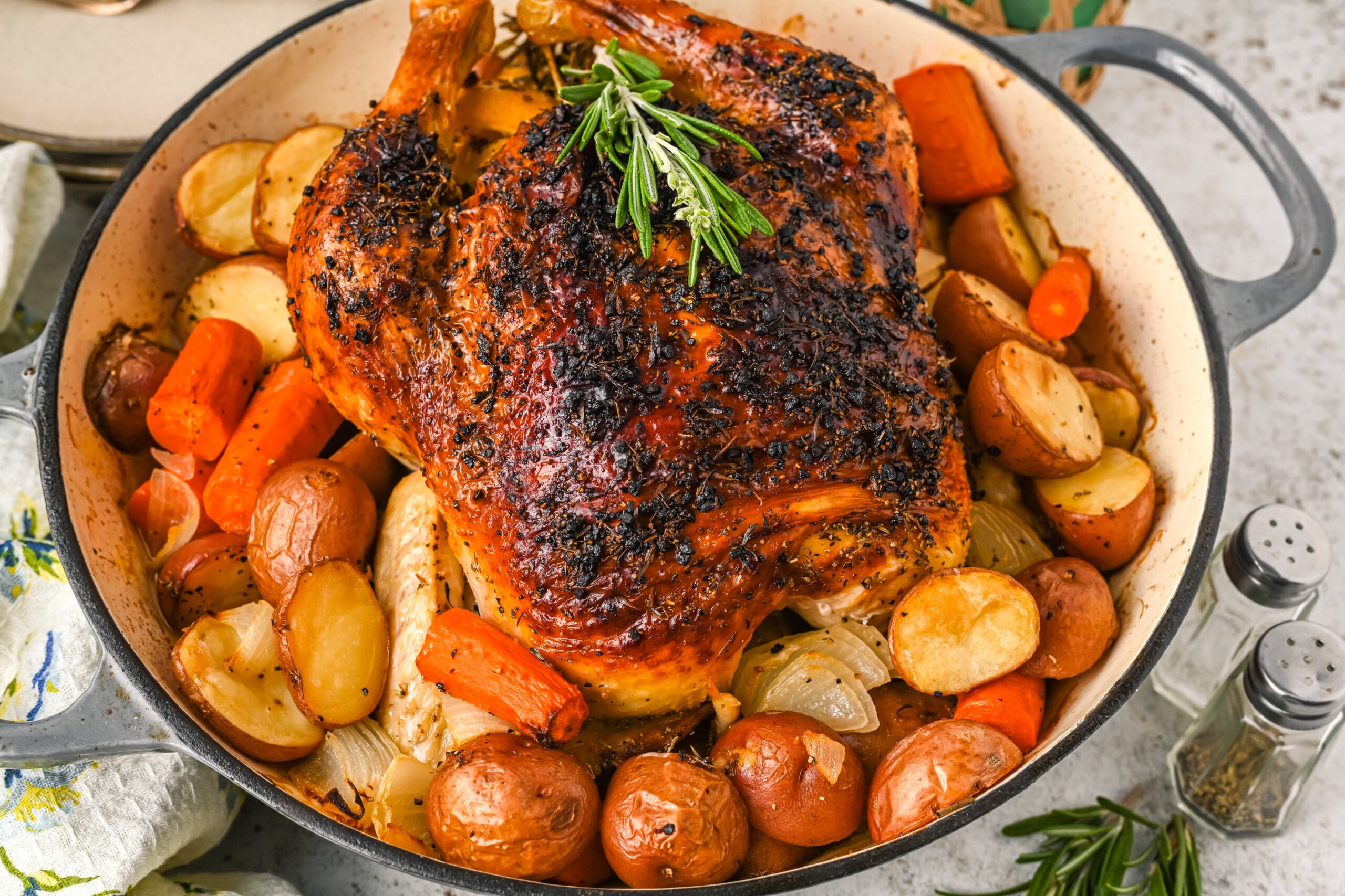 Front view of Oven Baked Chicken and Vegetables in a baking dish.