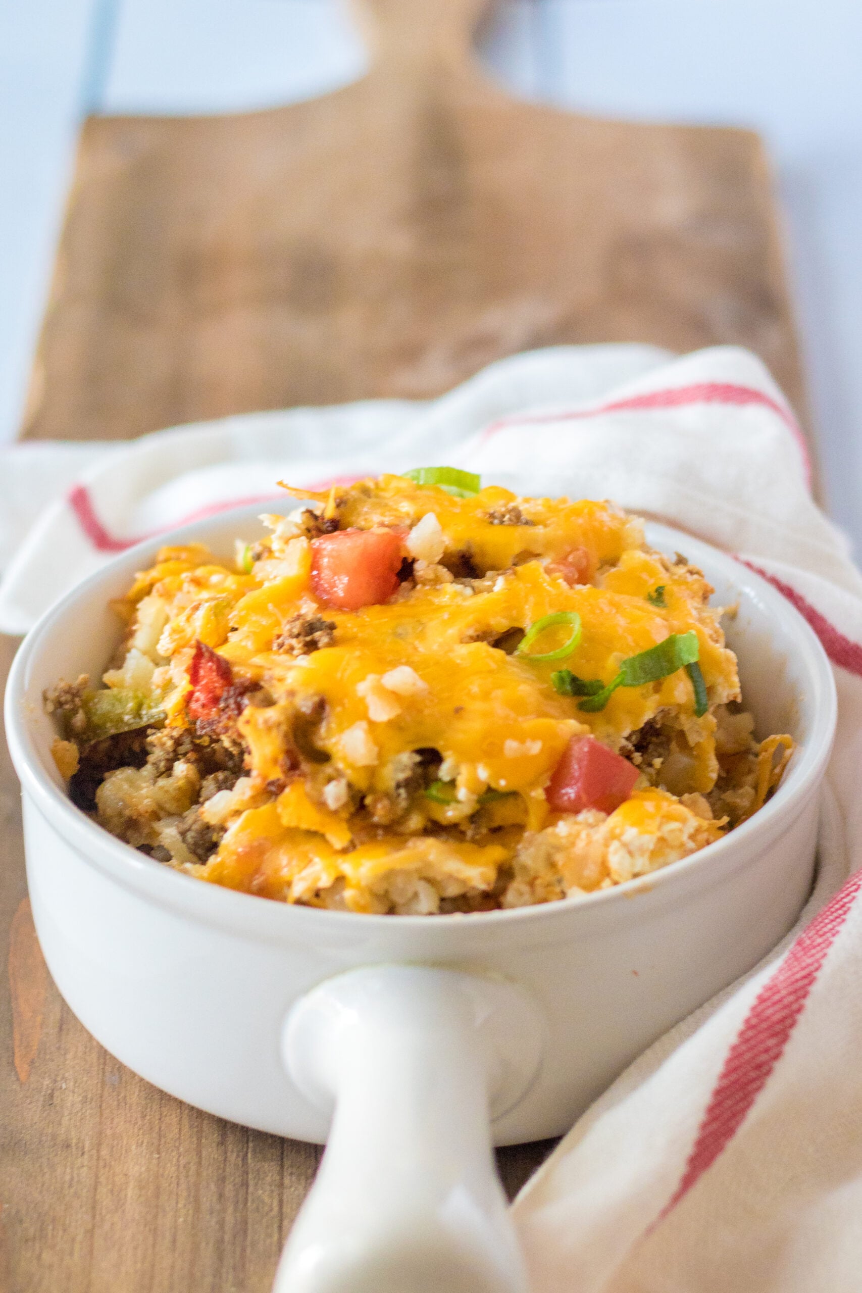 Front view of a serving of Slow Cooker John Wayne Casserole in a white bowl.