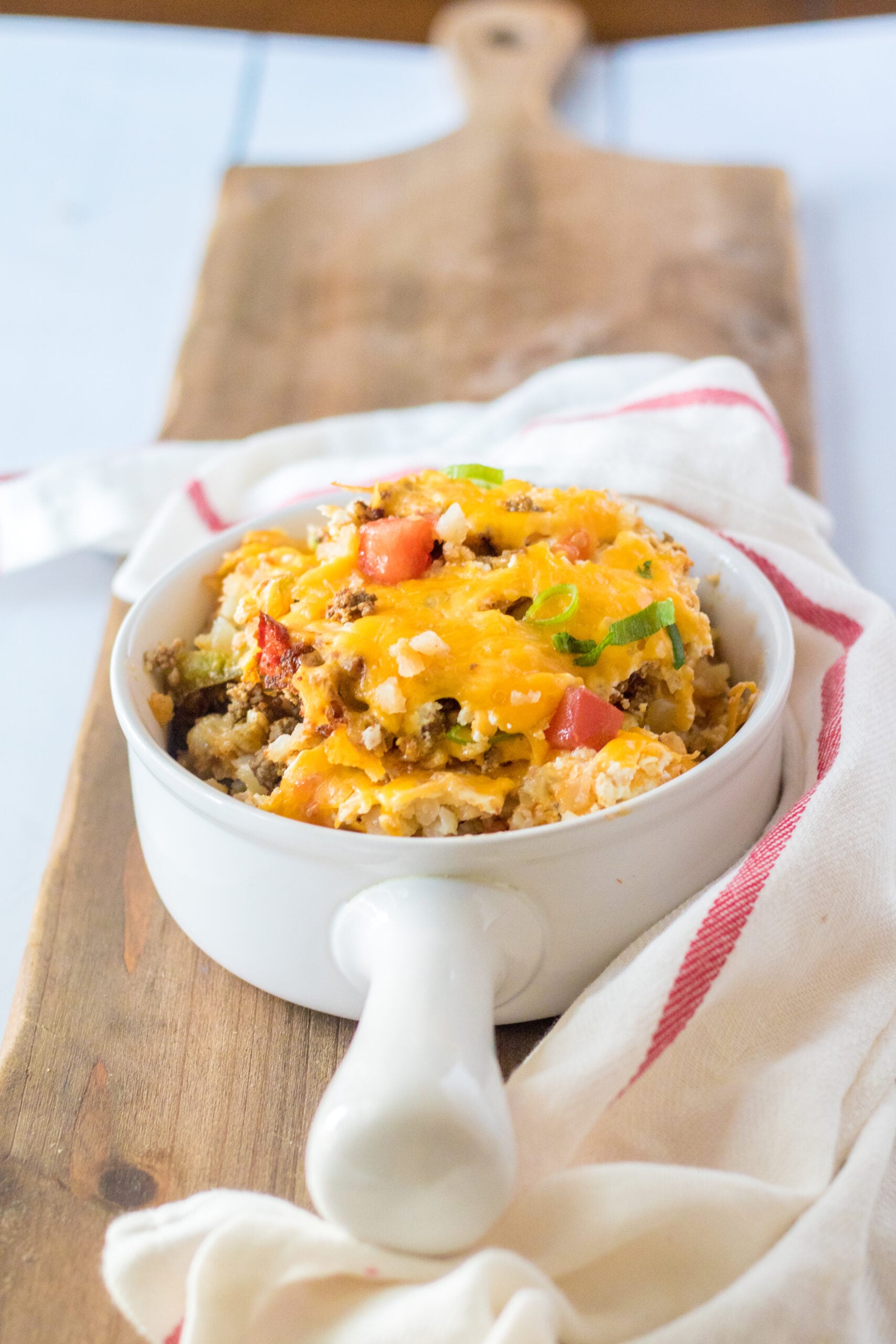 Front view of a serving of Slow Cooker John Wayne Casserole in a white bowl.