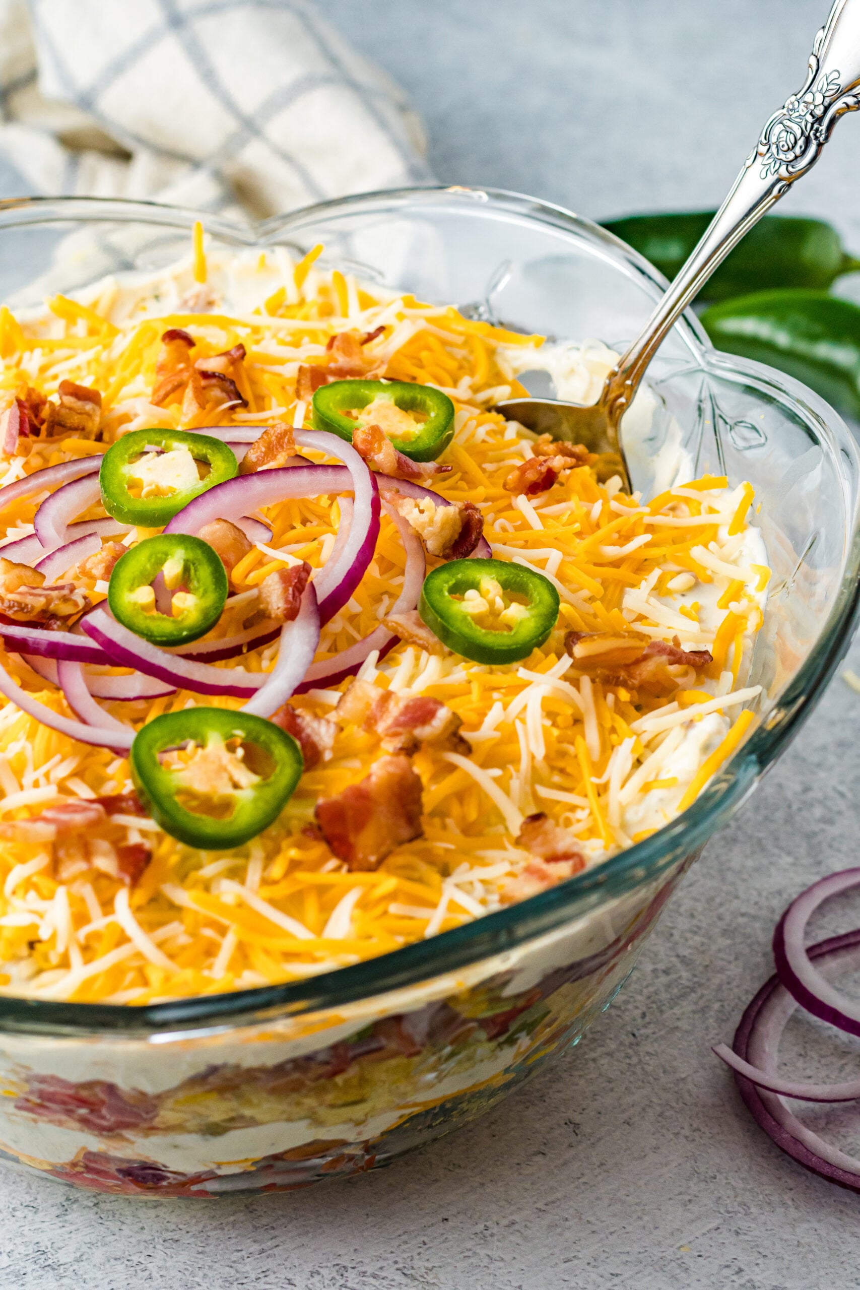 Front view of Cornbread Salad in a clear glass bowl.