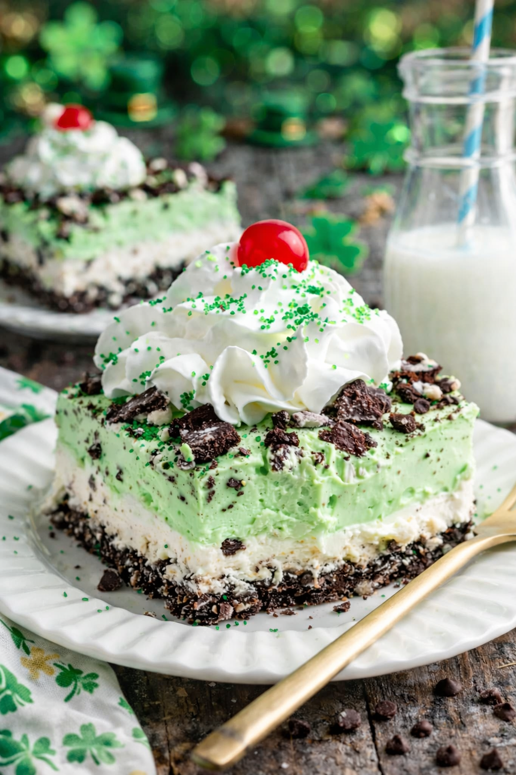 Shamrock Lasagna on a pretty whiter plate with st paddys day decor