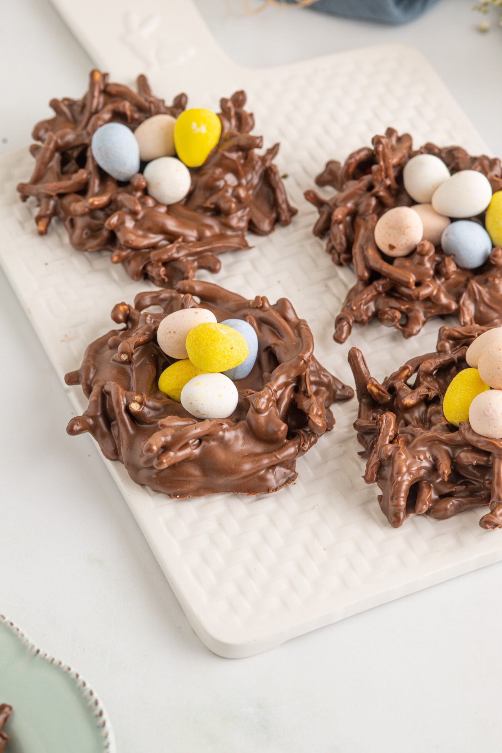 Birds Nest Cookies on a white serving tray.