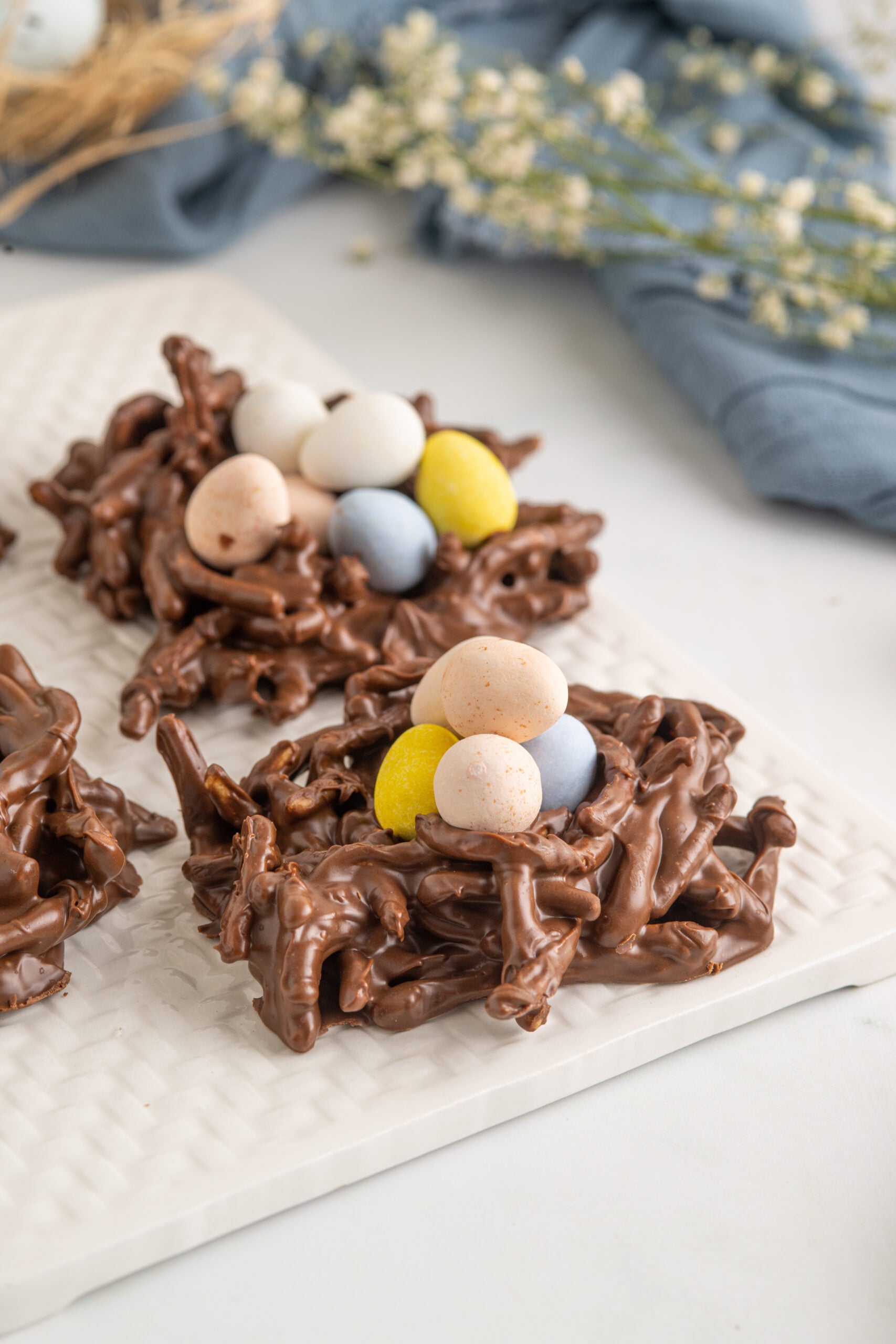 Birds Nest Cookies on a white serving tray.