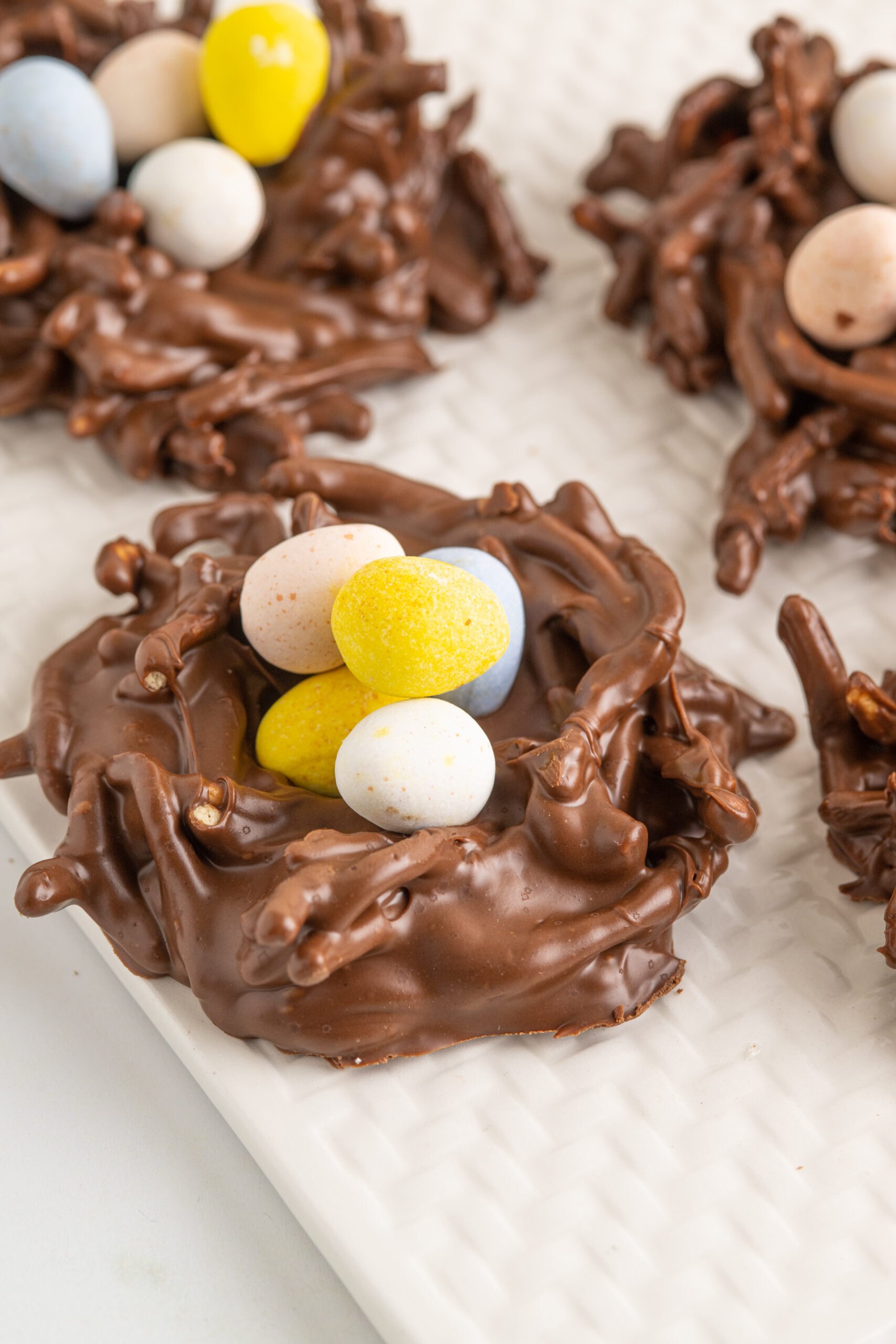 Birds Nest Cookies on a white serving tray.