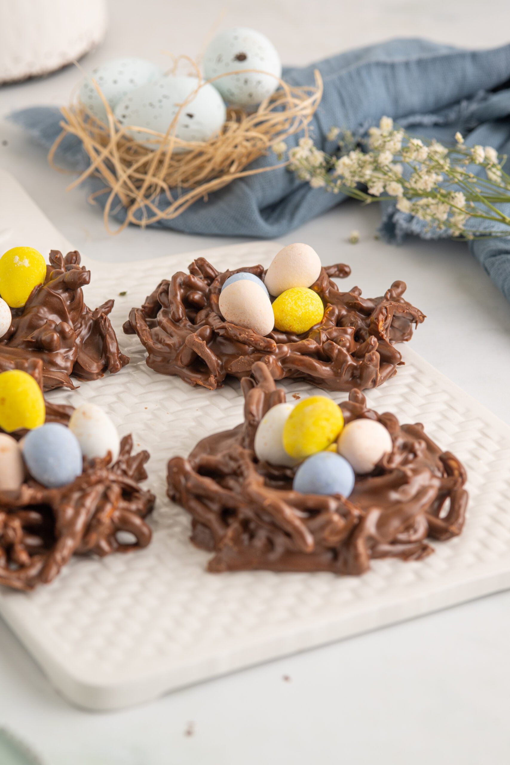Birds Nest Cookies on a white serving tray.