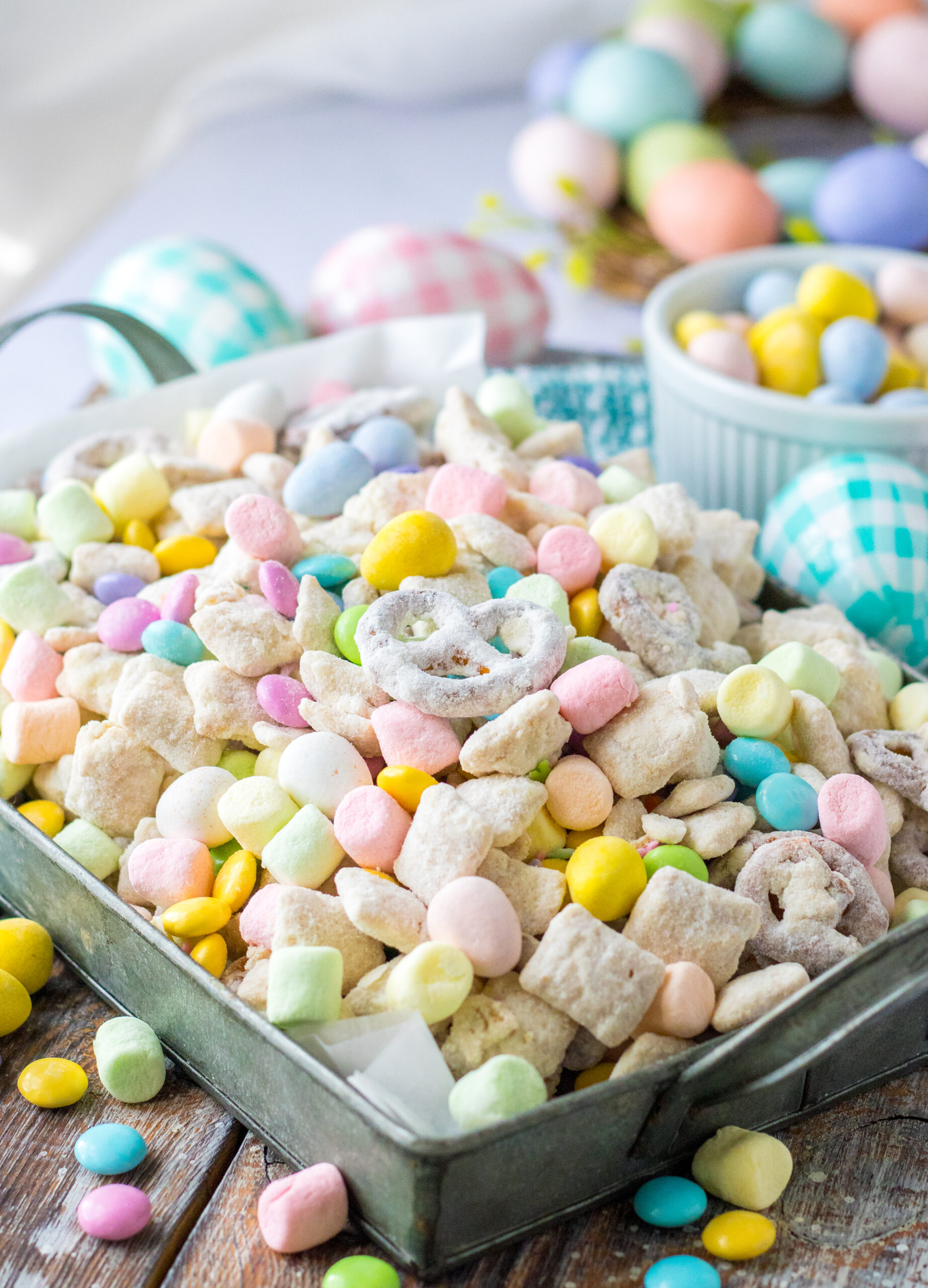 Bunny Munch in a silver serving tray. 