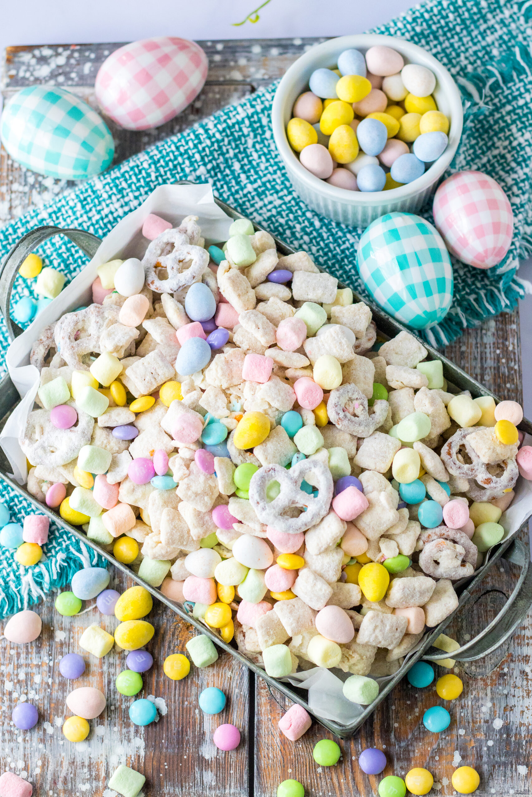 Overhead shot of Bunny Munch in a silver serving tray. 