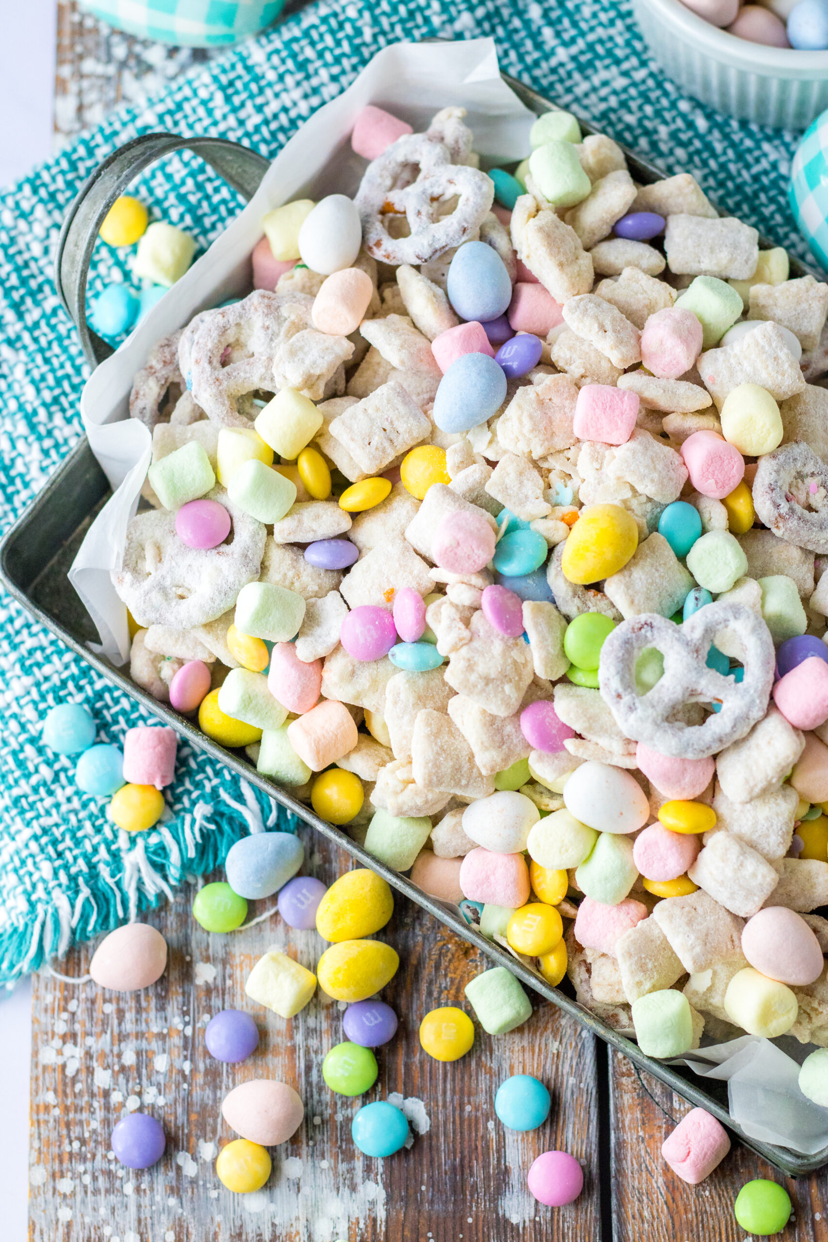 Overhead shot of Bunny Munch in a silver serving tray. 