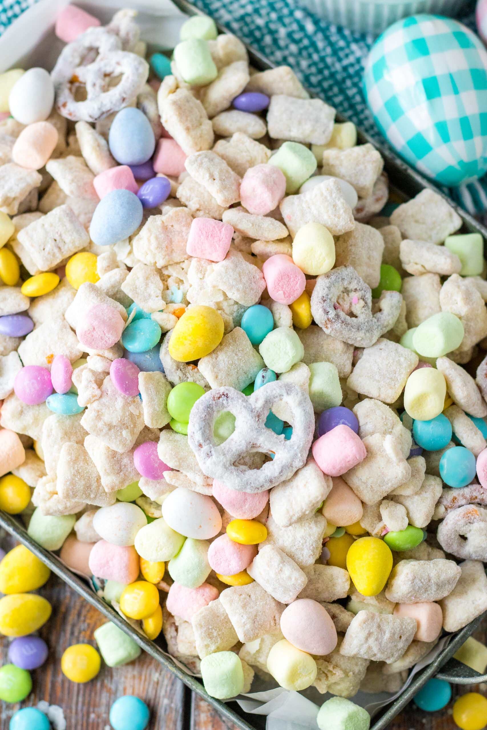 Overhead shot of Bunny Munch in a silver serving tray. 