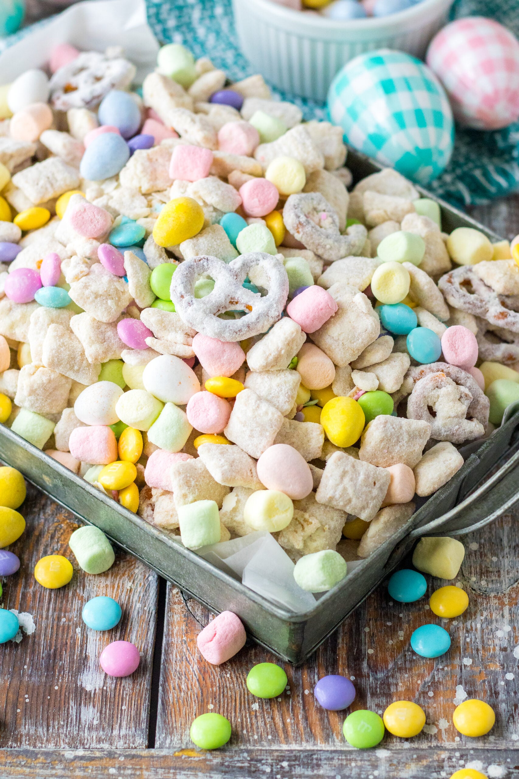 Overhead shot of Bunny Munch in a silver serving tray. 