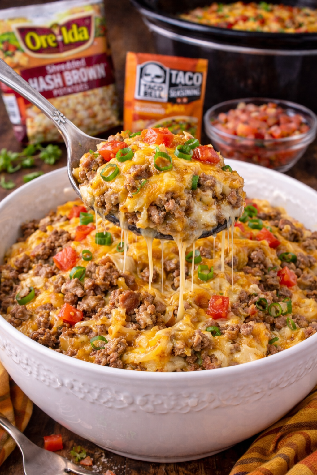 Slow Cooker John Wayne Casserole in a pretty white bowl with a spoon lifting some up