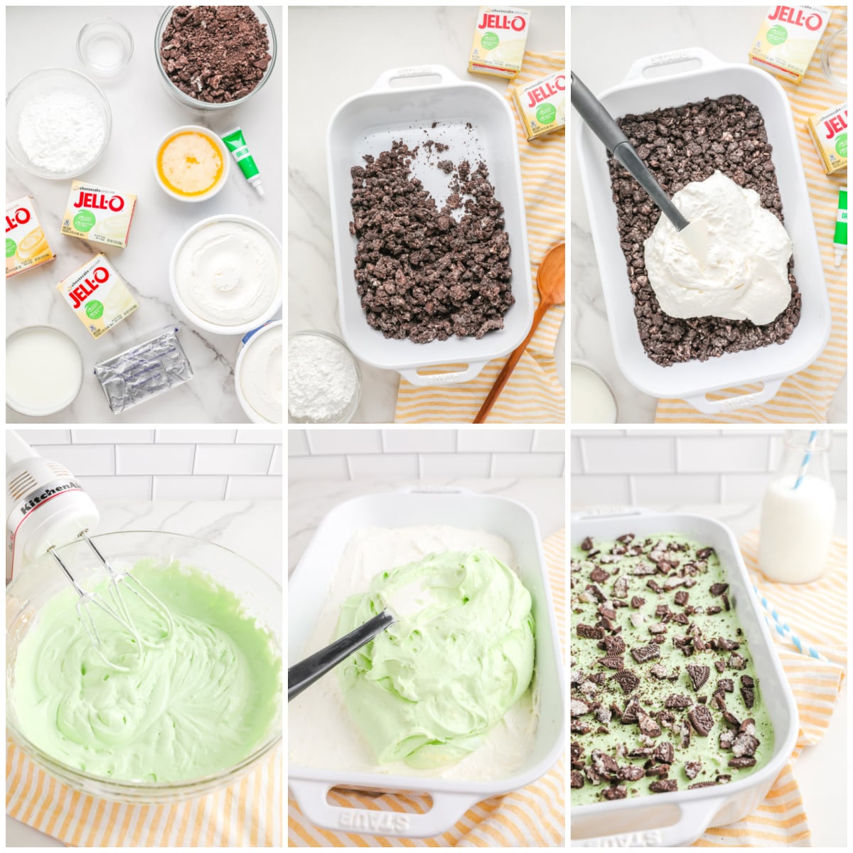 A collage of 6 photos showing the ingredients and how to assemble the dessert