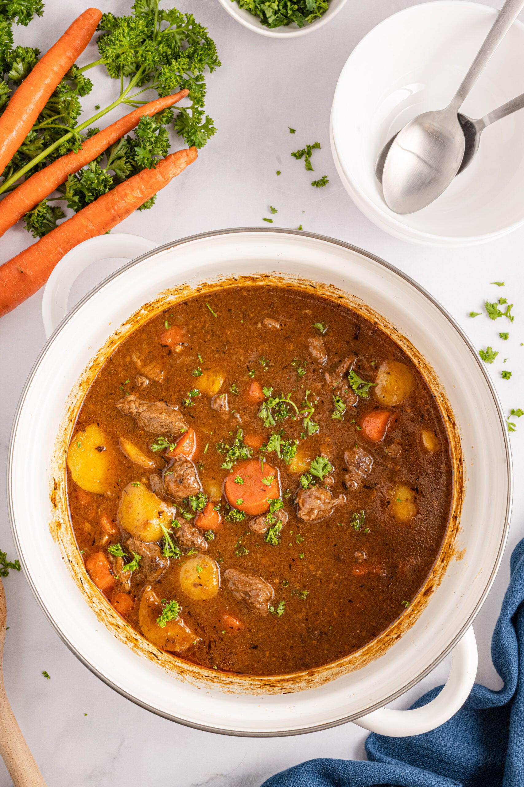 Overhead view of Irish Stew in a large cooking pot.