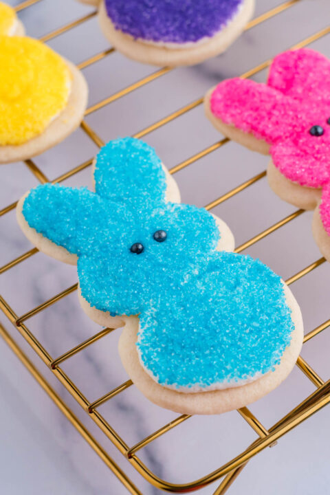 A blue bunny cookie with the black eyes being added.