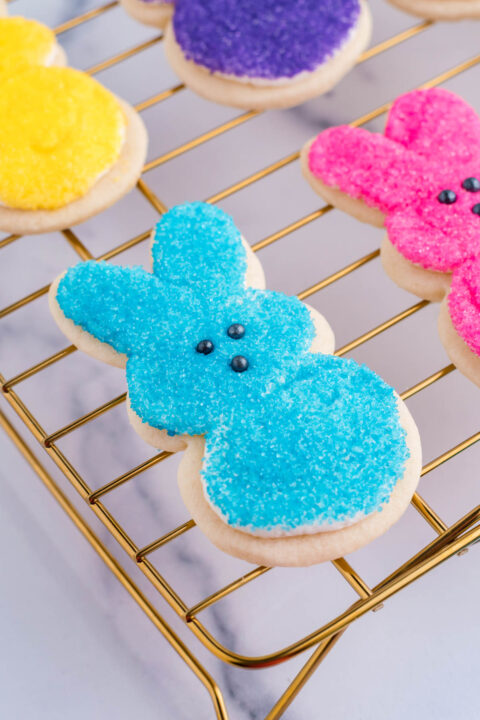 A blue bunny cookie with the black nose being added.