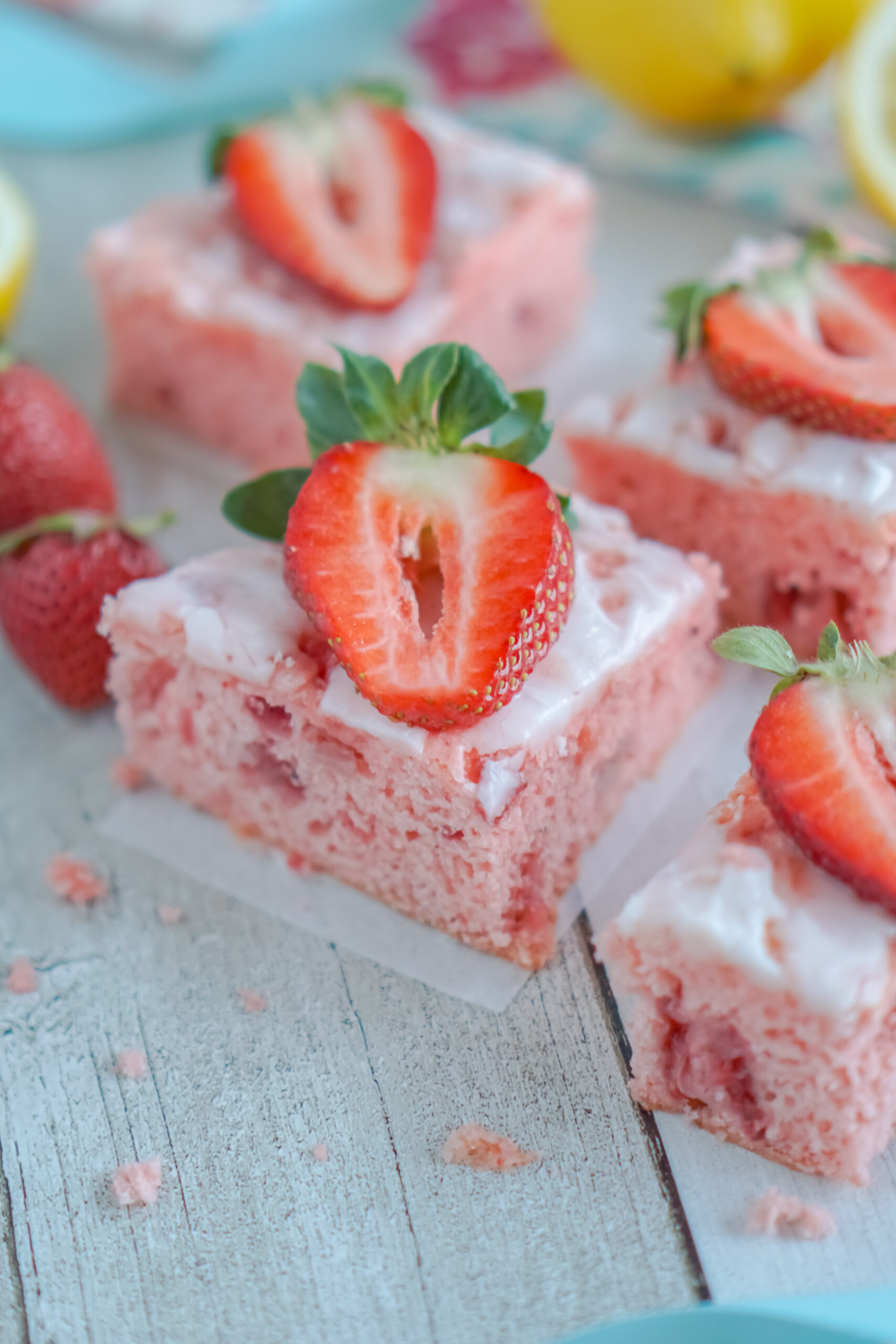 Front view of Strawberry Lemon Brownies on parchment paper.