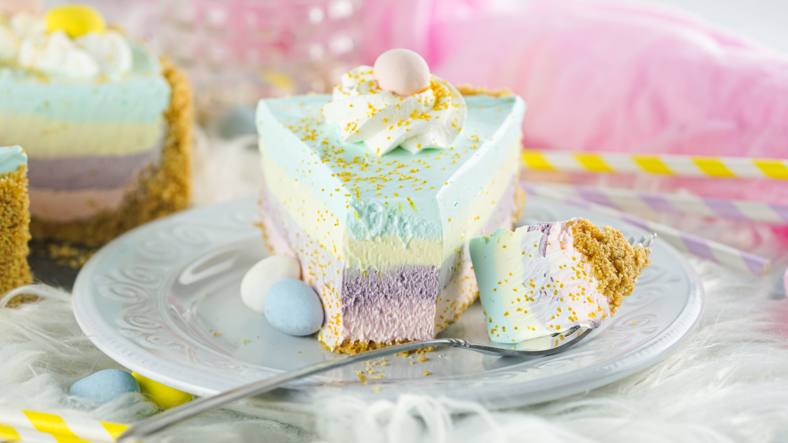 Close up view view of Easter Kool Aid Pie with a bite removed 