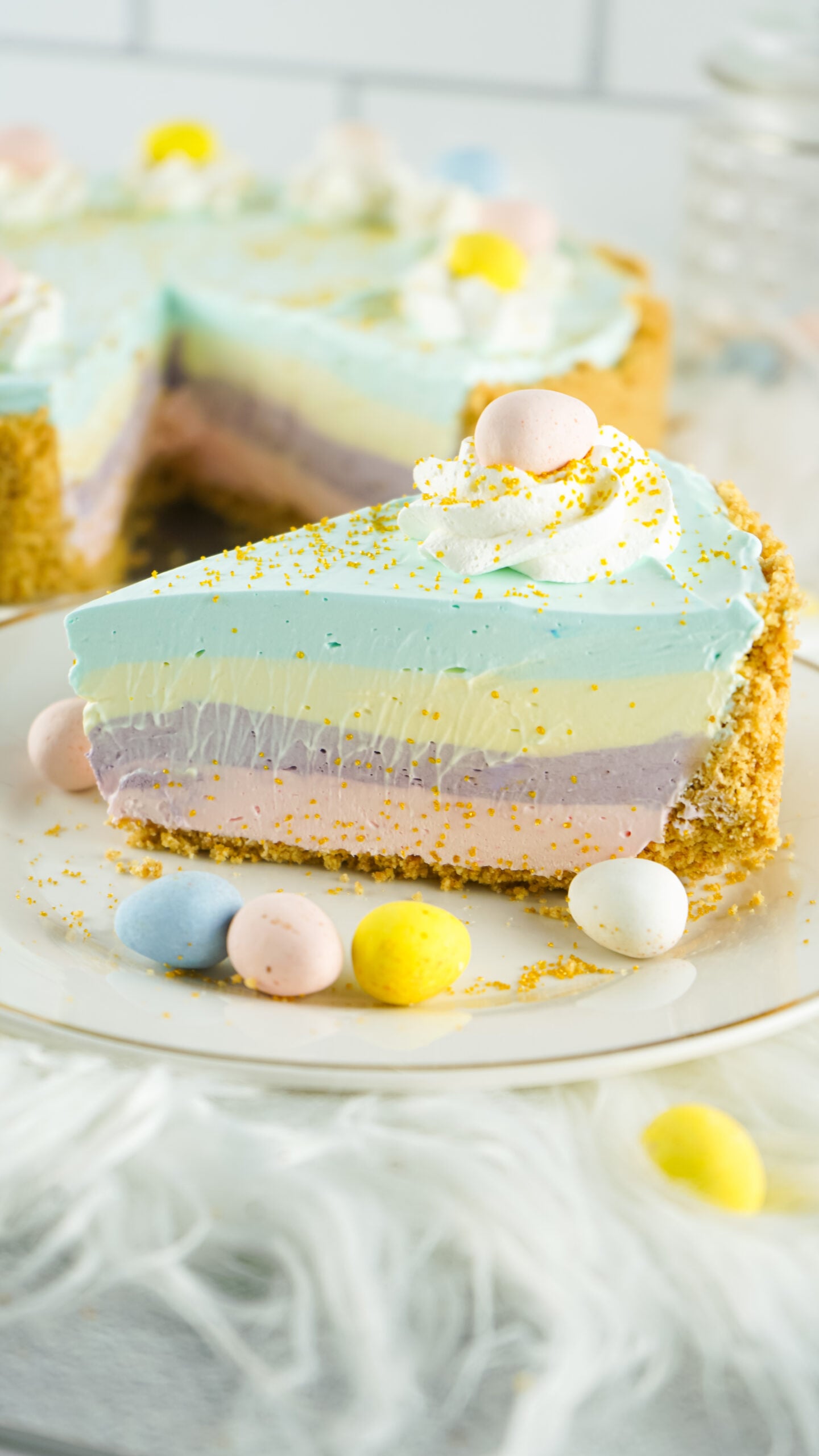 Easter Kool Aid Pie slice on a white plate 