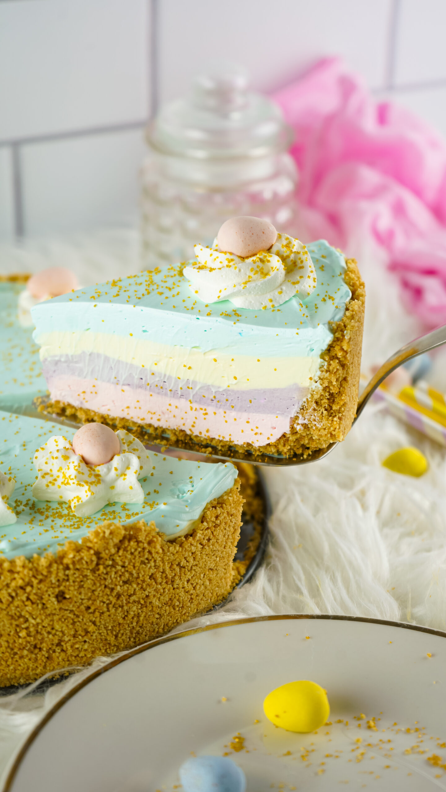 Close up view view of Easter Kool Aid Pie with a slice being lifted up on a pie server