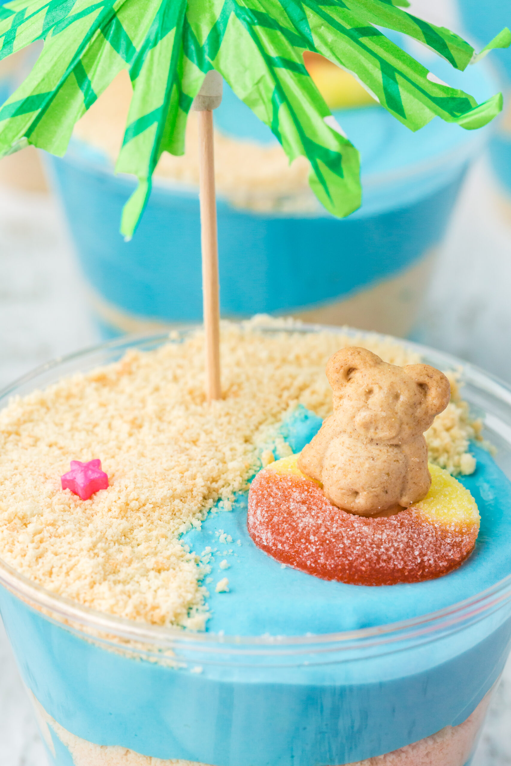 Close up view of Beach Cheesecake Pudding Cups.