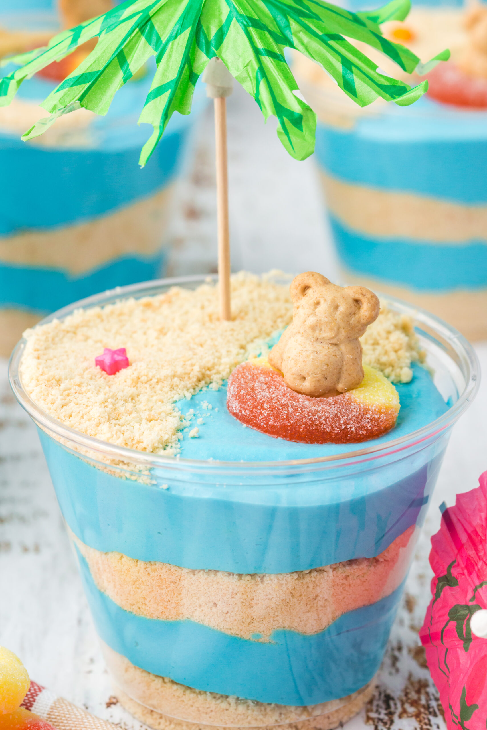 Close up view of Beach Cheesecake Pudding Cups.