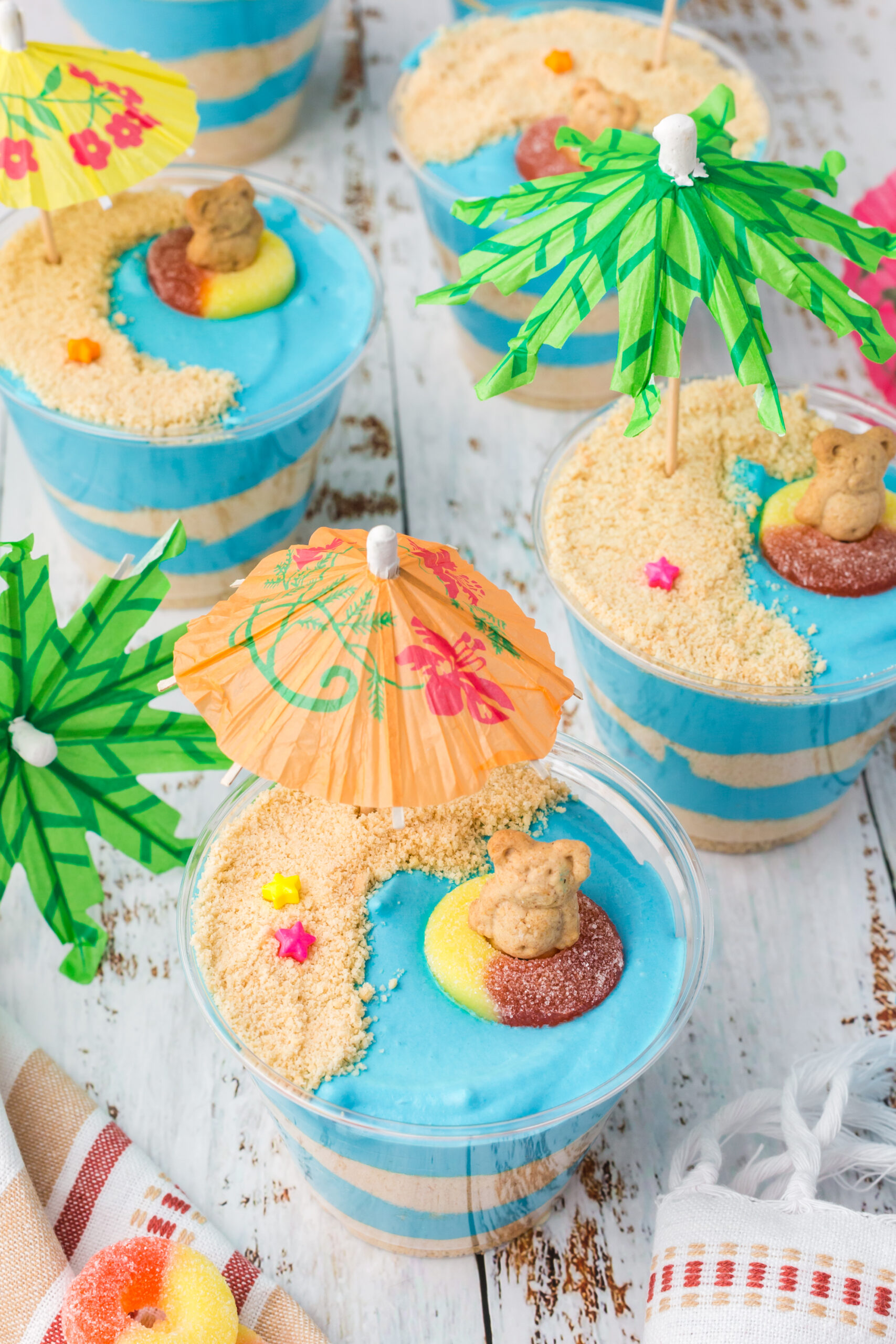 Overhead view of Beach Cheesecake Pudding Cups.