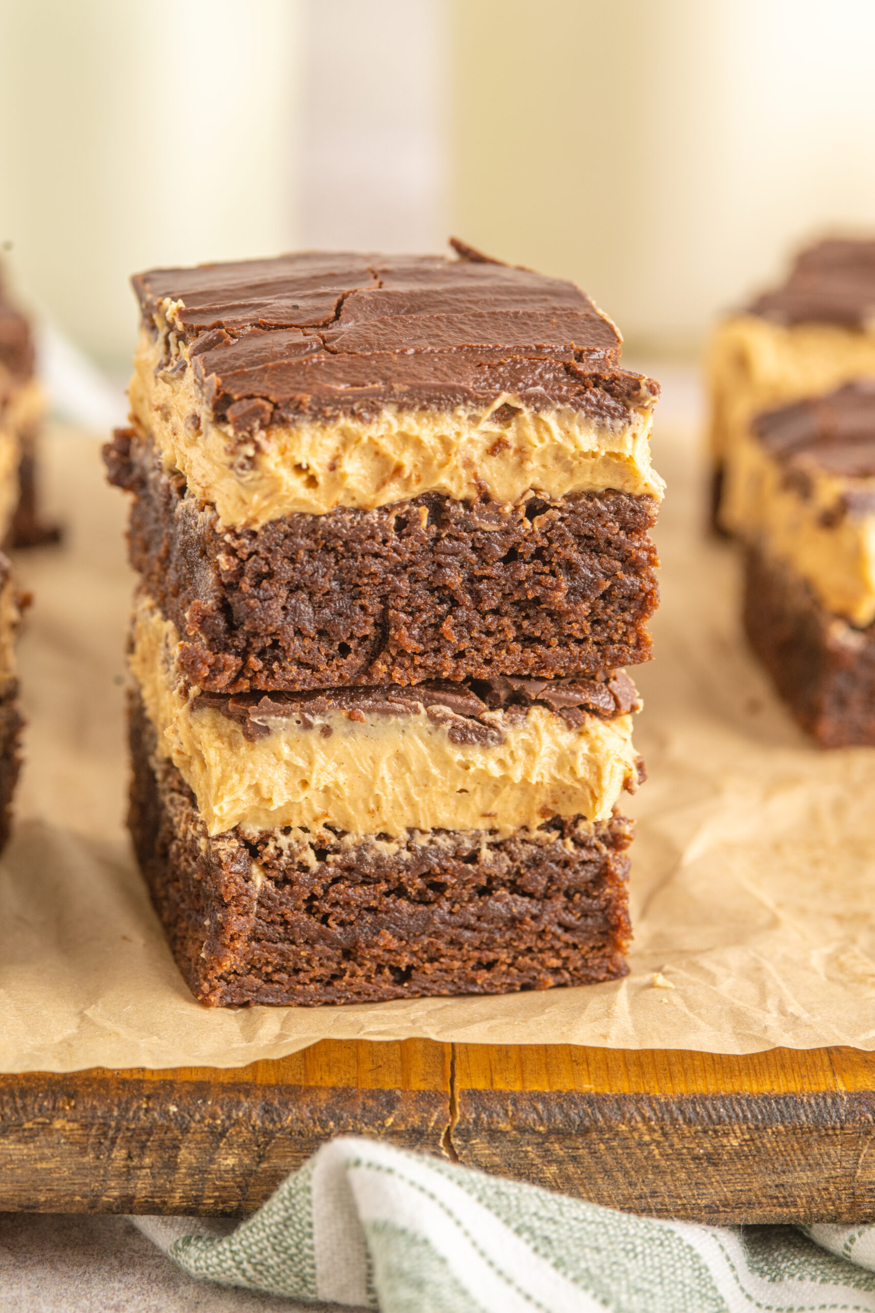 Two Buckeye Brownies stacked on top of each other. 