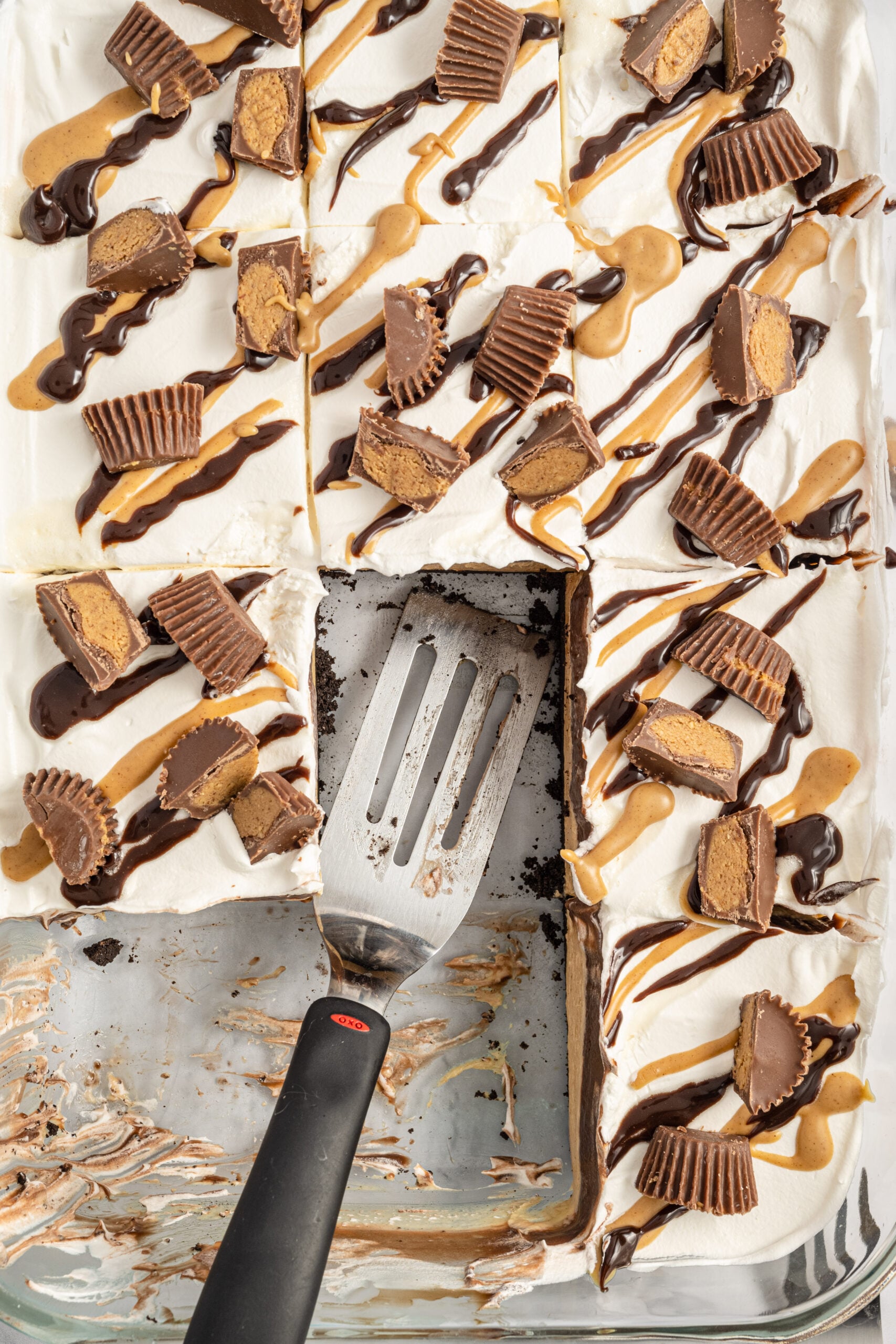 Overhead shot of the cut Reese's peanut butter cup lasagna. 