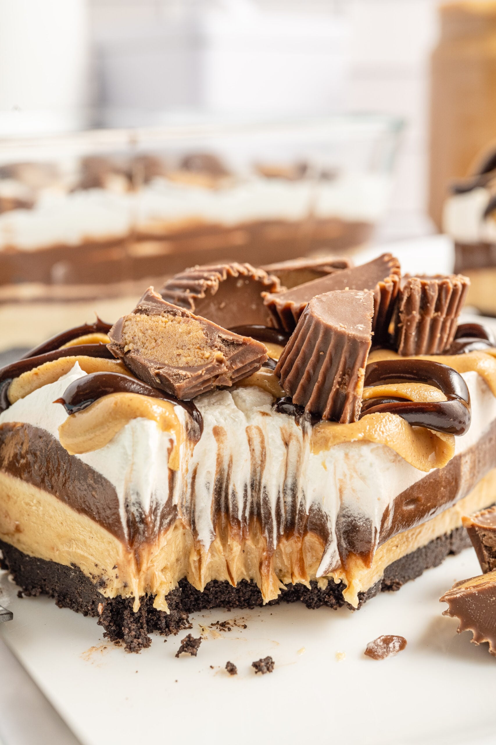 Close up bite shot of the chocolate peanut butter lasagna on a white plate.