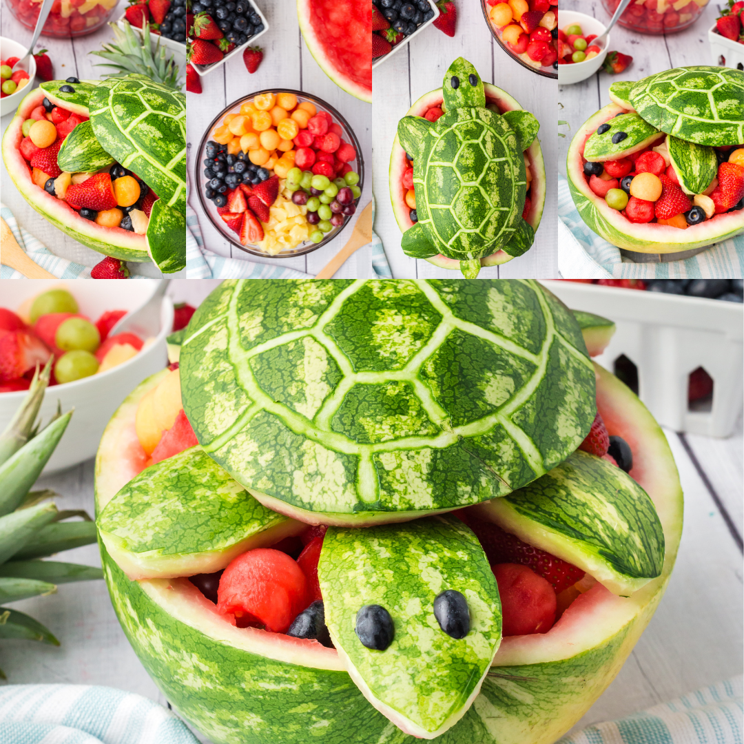a collage showing all the steps on how to create and fill the turtle watermelon salad bowl