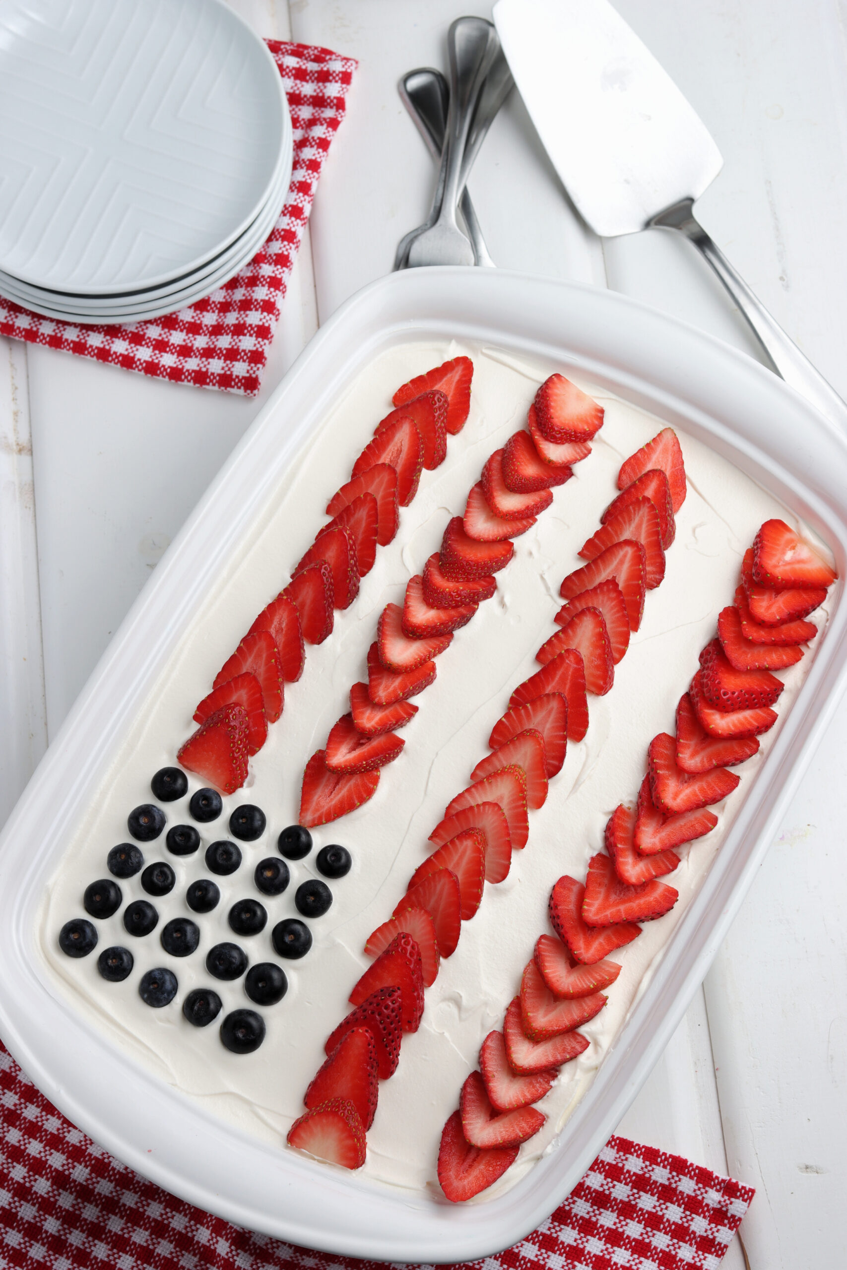 American Flag cake in a white baking dish.