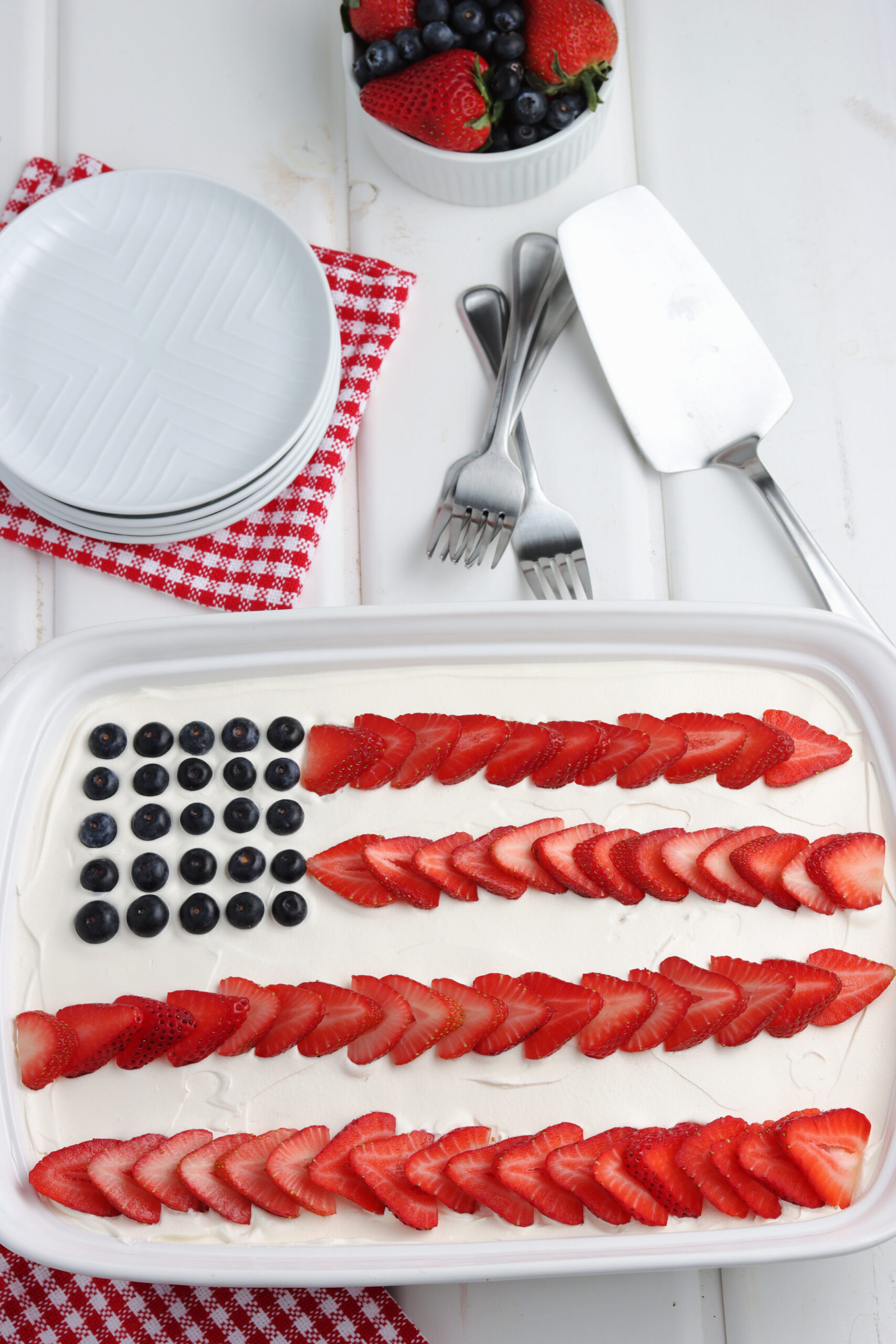 American Flag cake in a white baking dish.