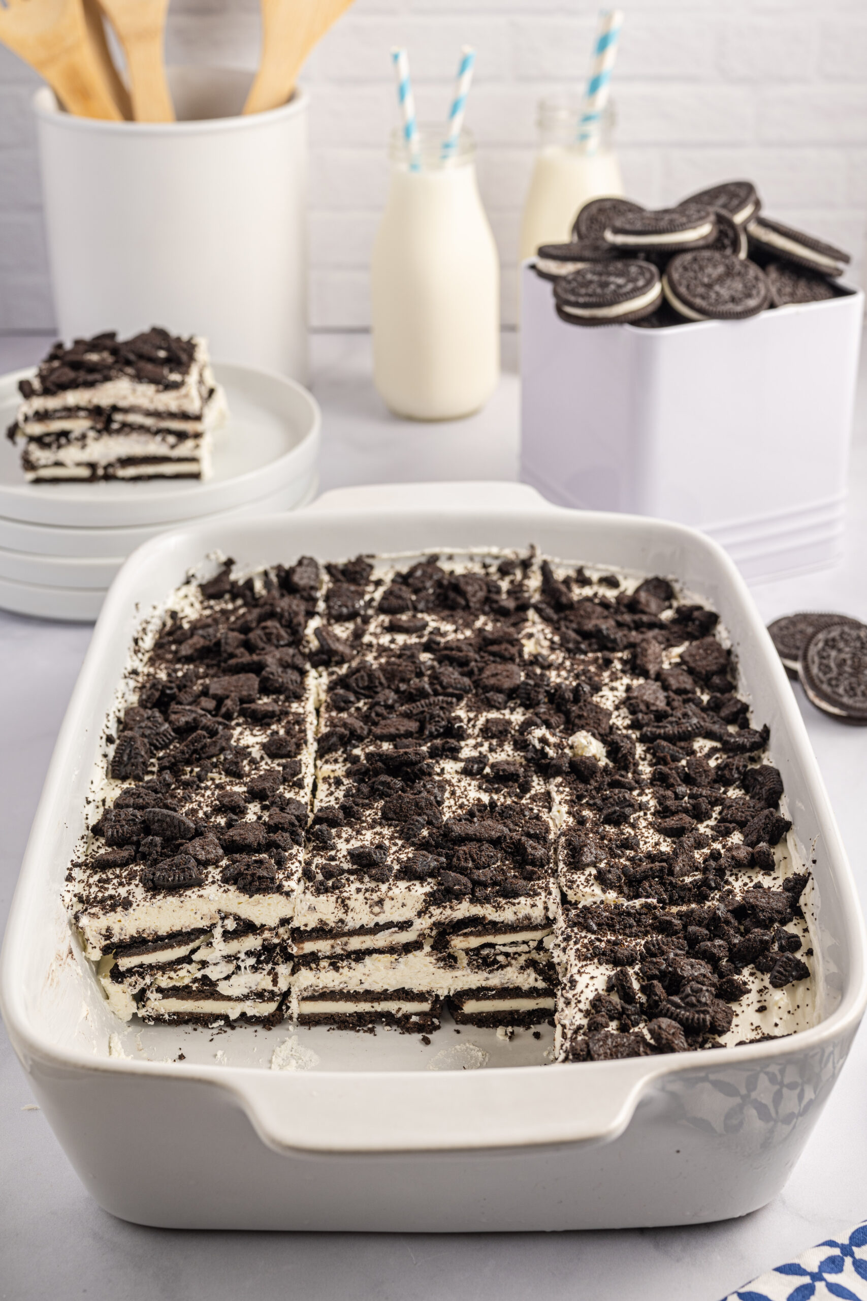 Oreo Icebox Cake in a white baking pan