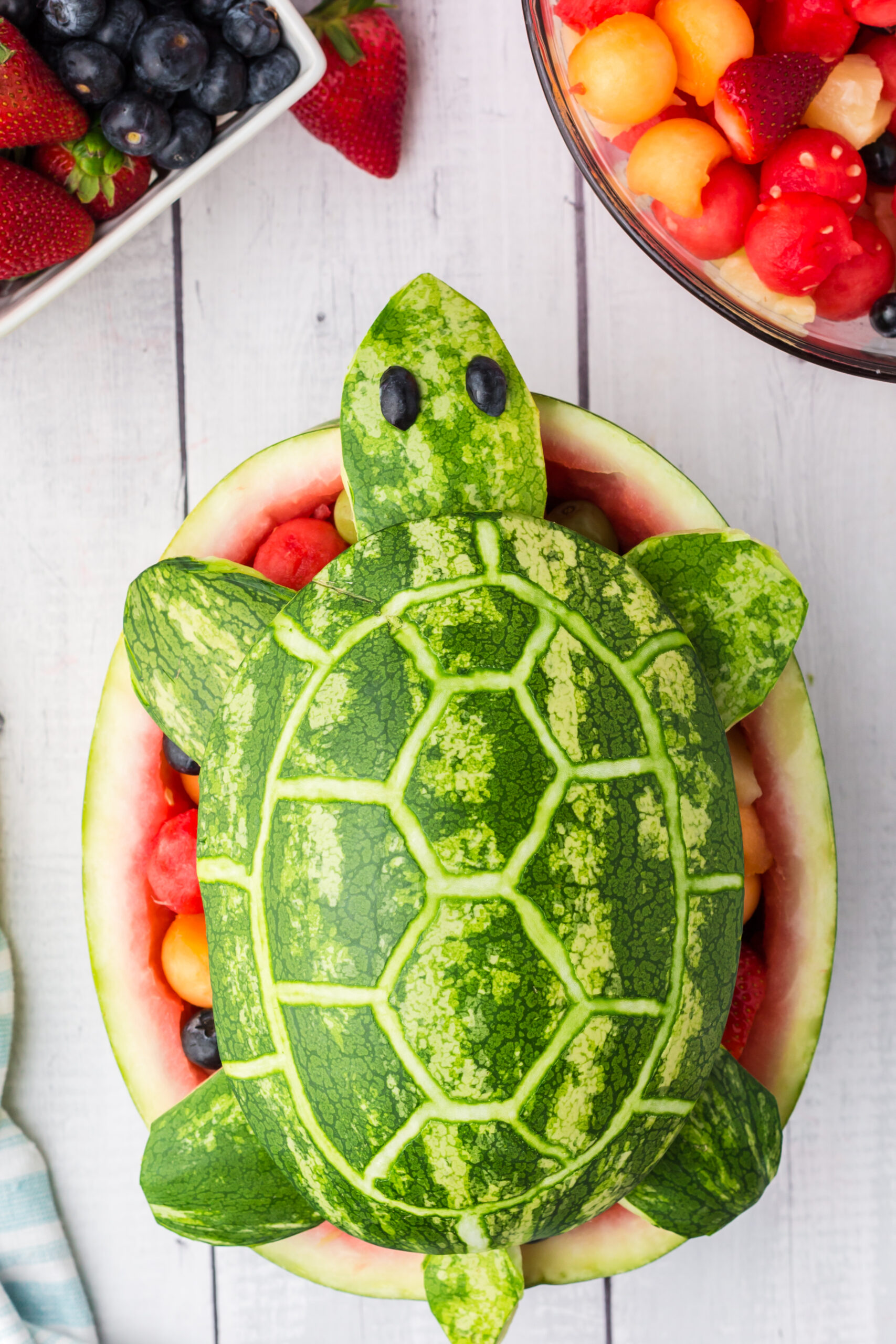 Overhead view of Turtle Watermelon Fruit Salad.