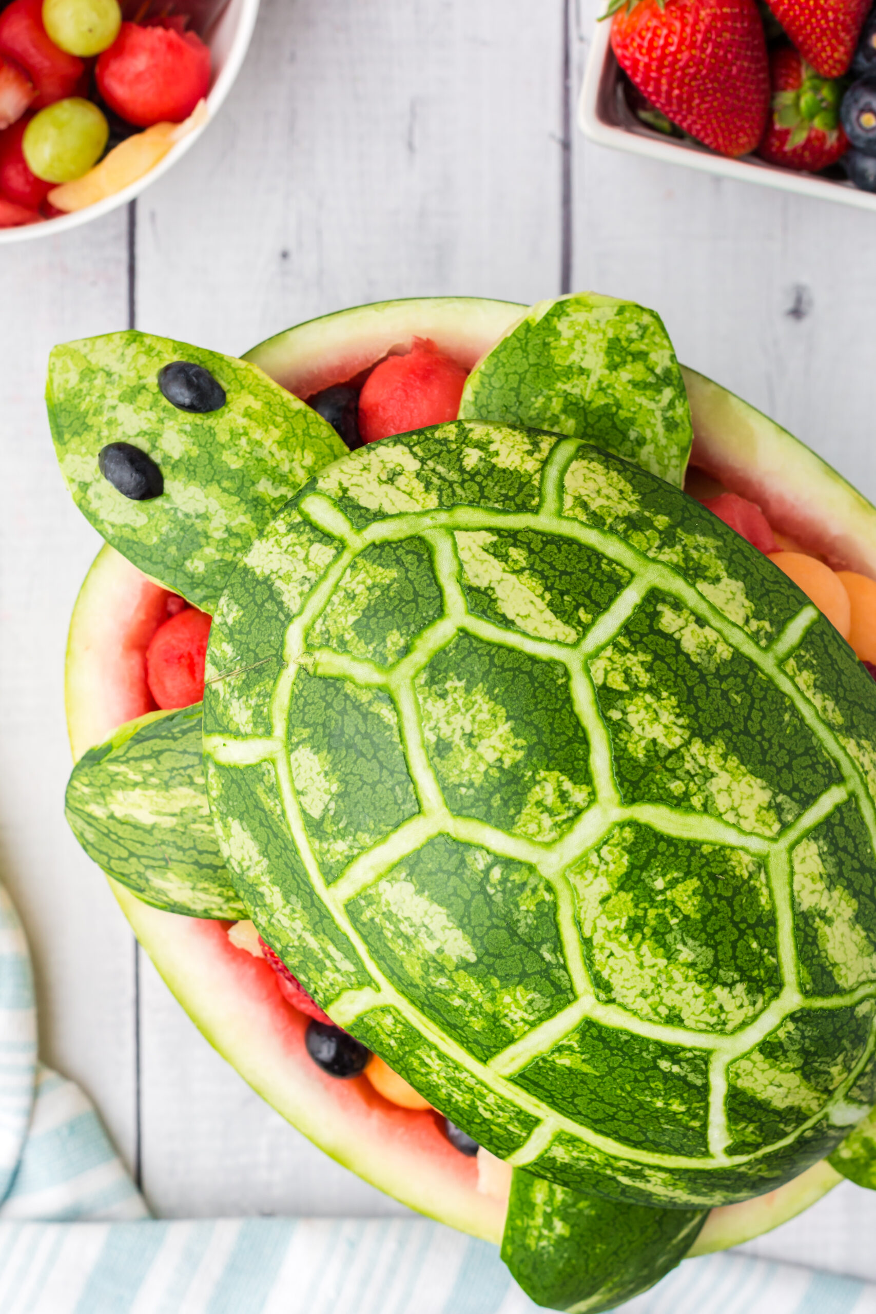 Overhead view of Turtle Watermelon Fruit Salad.